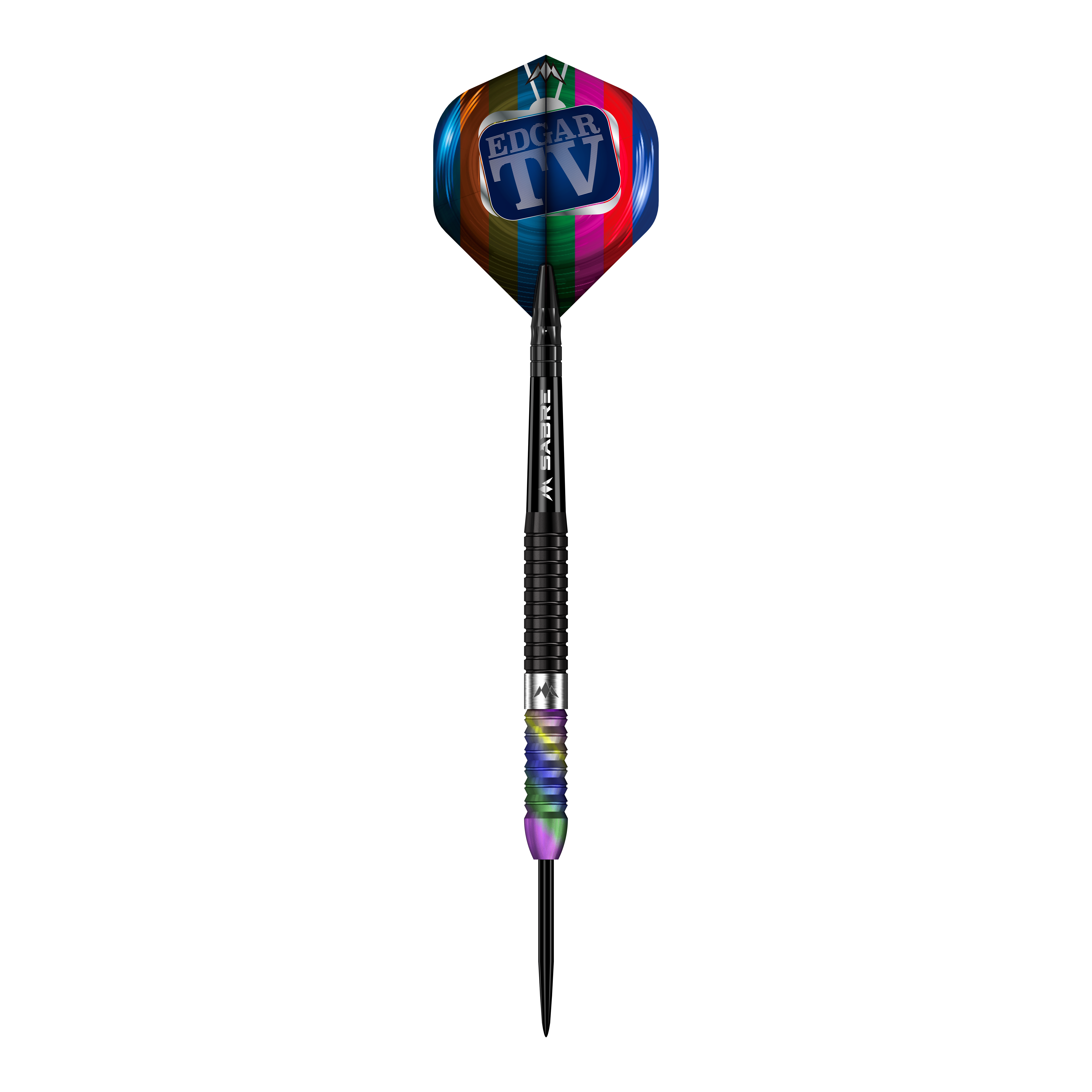 Mission Matt Edgar Steeldarts Das Bild zeigt einen Steeldart mit dem Namen "Mission Matt Edgar Steeldarts". Der Dart hat einen bunten Flight mit der Aufschrift "EDGAR TV" und ein schwarz-geriffeltes Barrel.