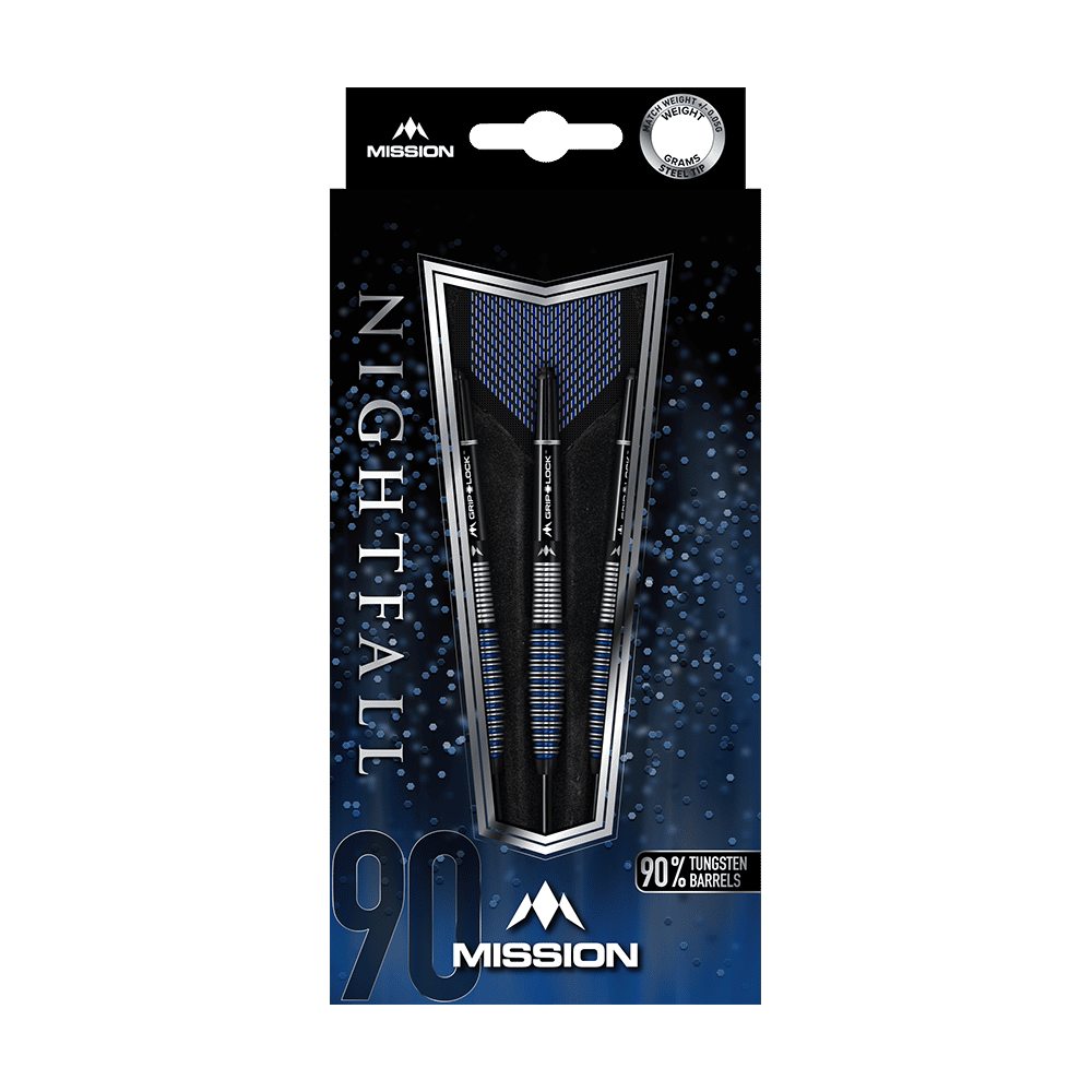 Das Bild zeigt die Verpackung der "Mission Nightfall Model 4 Steeldarts". Auf der Vorderseite sind drei Darts mit 90 % Tungsten-Barrels abgebildet.
