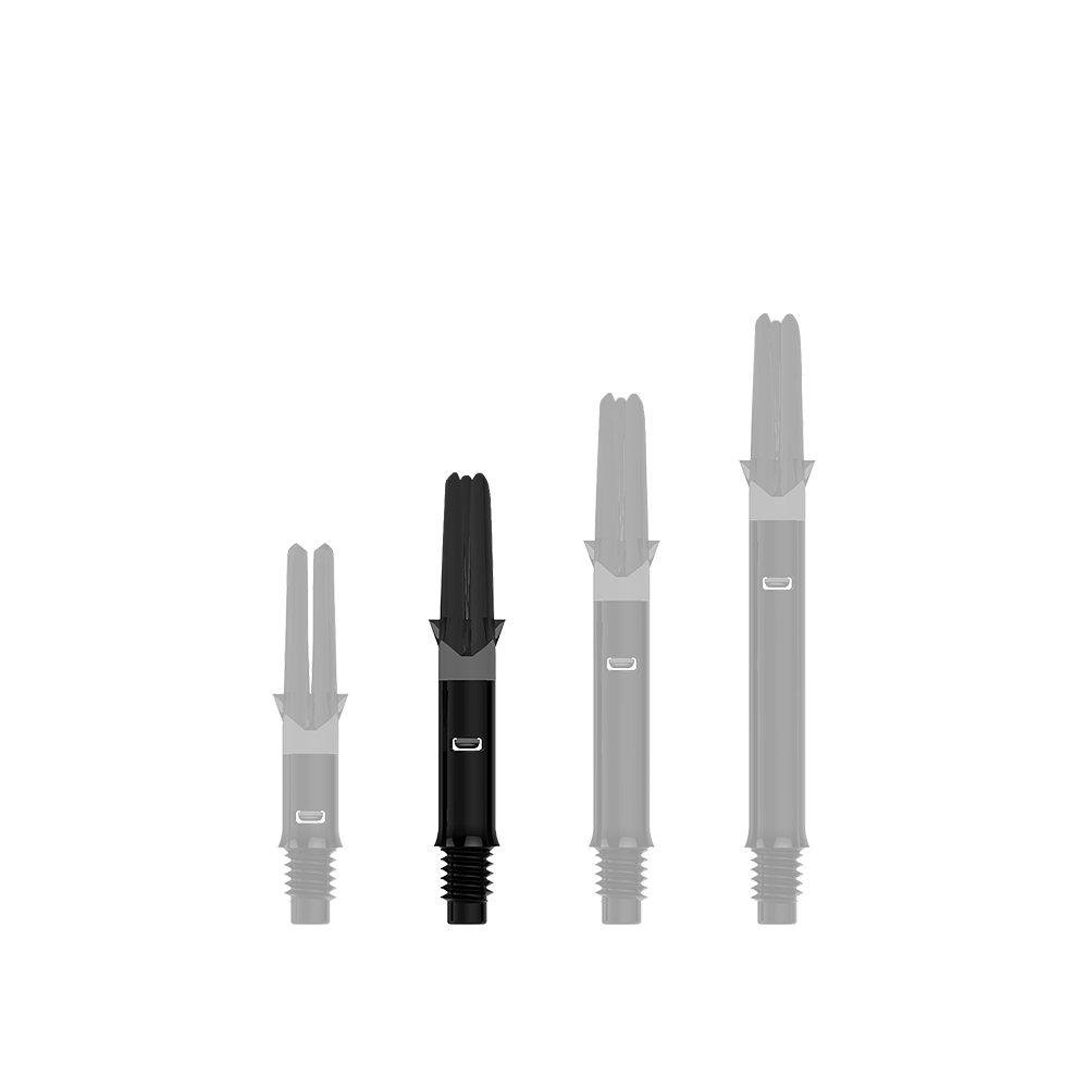 L-Style L-Shafts Silent Straight - Schwarz 190 Auf dem Bild sind drei schwarze, gerade Dartshafts ohne Kappen in unterschiedlicher Länge zu sehen. Sie stehen nebeneinander aufgereiht vor transparentem Hintergrund.