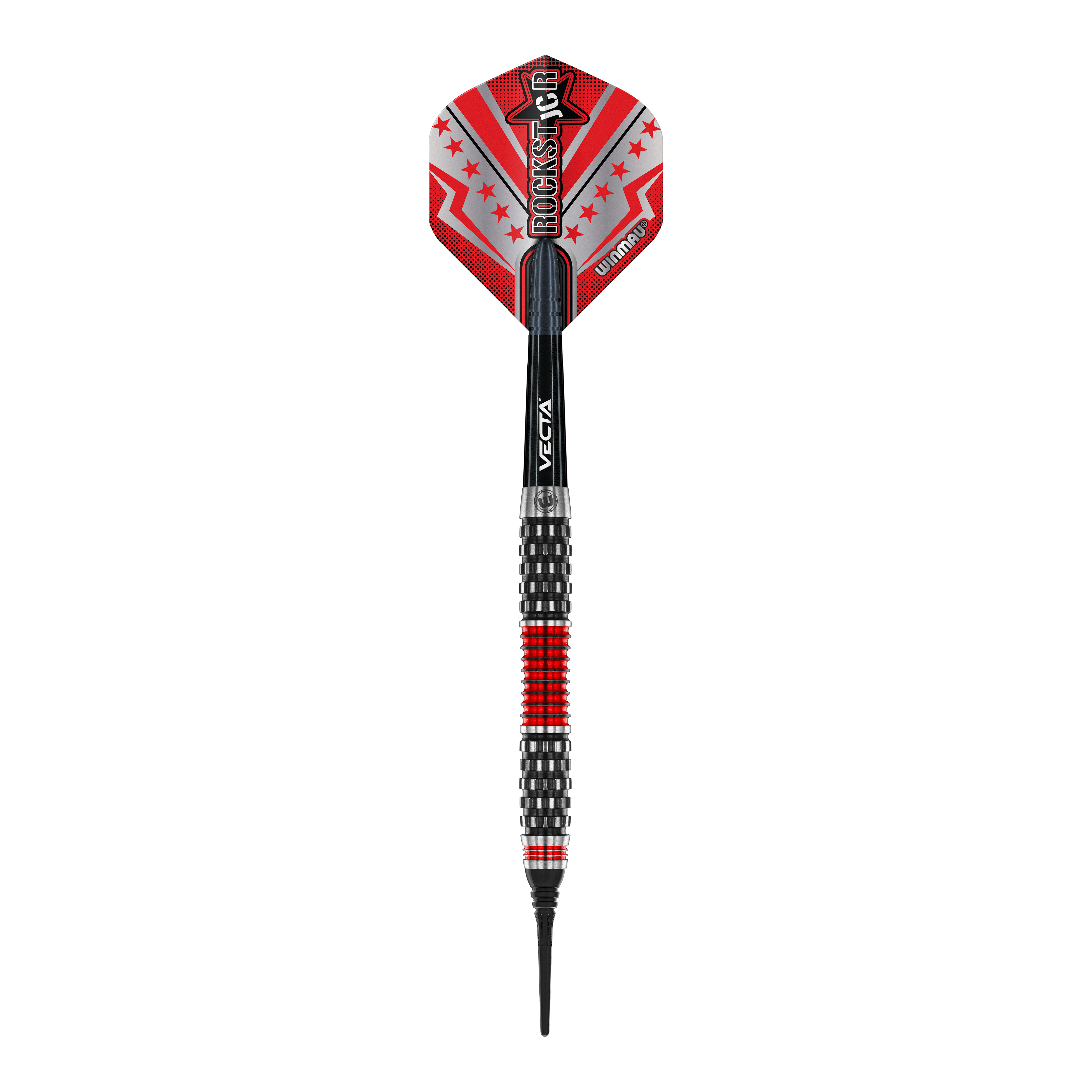 Winmau Joe Cullen Rockstar Series RS1 Softdarts - 20g Dieses Bild zeigt einen Winmau Joe Cullen Rockstar Series RS1 Softdart mit einem Gewicht von 20g. Der Dart ist schwarz und rot gestaltet und hat einen auffälligen Flights mit dem Aufdruck "Rockstar".