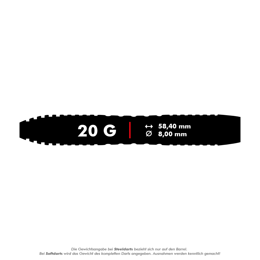 Winmau Joe Cullen Brass Steeldarts - 20g Das Bild zeigt einen Winmau Joe Cullen Brass Steeldart mit einem Gewicht von 20 Gramm. Die Länge beträgt 58,40 mm und der Durchmesser 8,00 mm.