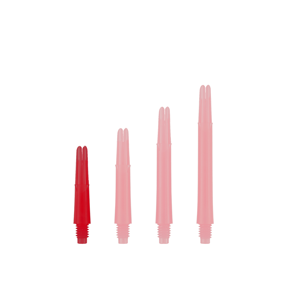 L-Style L-Shafts Locked Straight - Red 130 Das Bild zeigt vier rote, gerade Dartschäfte in unterschiedlicher Länge. Sie stehen aufrecht nebeneinander und haben ein Schraubgewinde am unteren Ende.