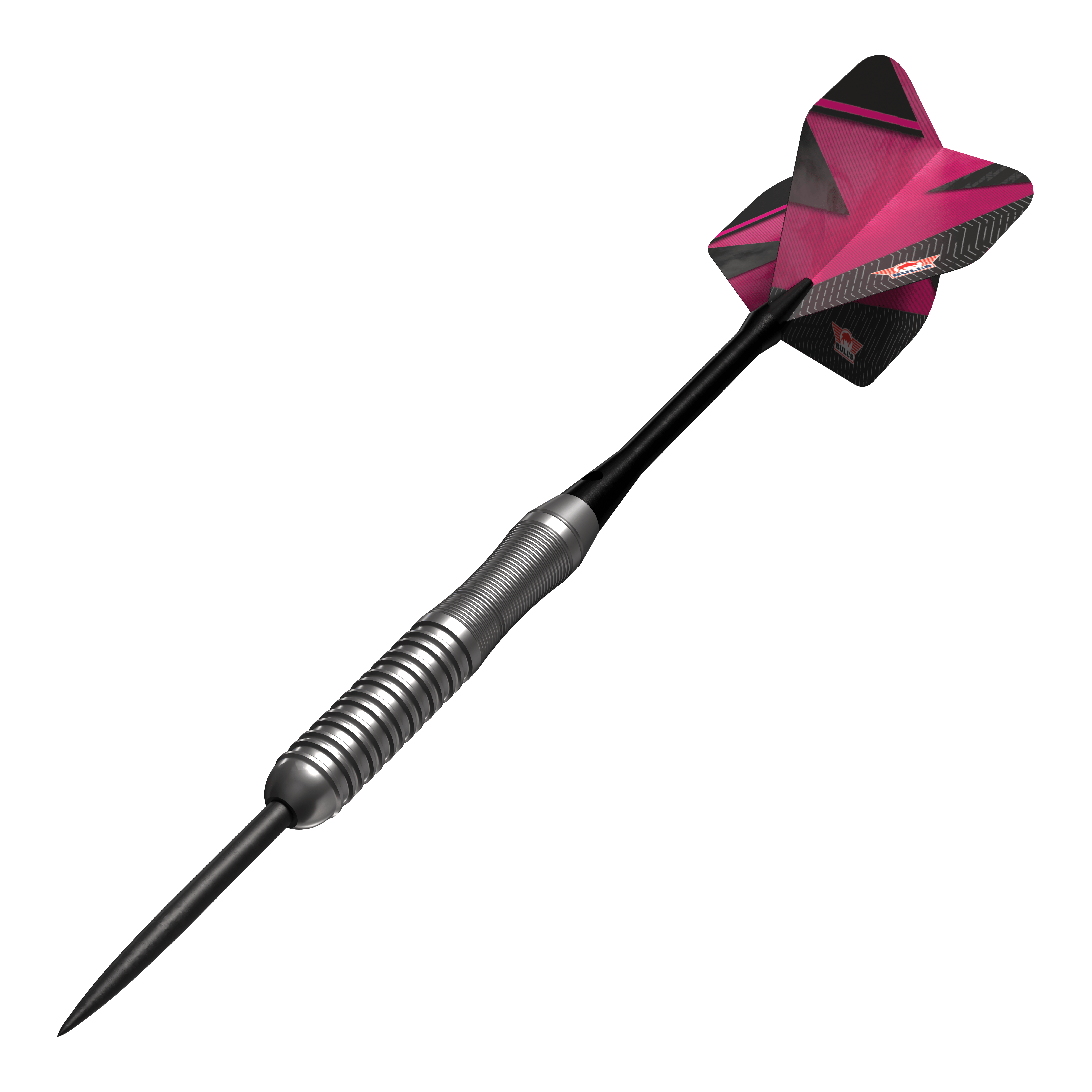 Bulls NL Lightning Pink Steeldarts Das Bild zeigt einen Steeldartpfeil mit silbernem Griff und einer pink-schwarzen Flights. Es handelt sich um das Produkt "Bulls NL Lightning Pink Steeldarts".