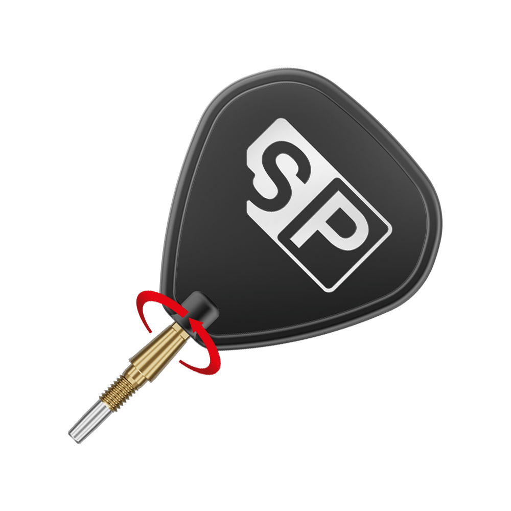 Target Swiss Point Storm Surge Steeldartspitzen - Gold Auf dem Bild ist eine goldene Dartspitze mit einem schwarzen Flight zu sehen, auf dem die Buchstaben "SP" abgebildet sind. Um die Spitze ist ein roter Pfeil, der eine Drehbewegung anzeigt.