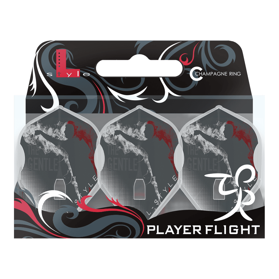Das Bild zeigt eine Verpackung mit drei L-Style Mensur Suljovic V1 TypeA L1PRO Flights für Dartpfeile. Auf den Flights ist eine stilisierte Figur mit roter Kontur und der Schriftzug "The Gentle" zu sehen.