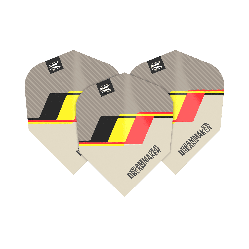 Das Bild zeigt drei Dart-Flights mit dem Namen "Target Pro Ultra Dimitri Van Den Bergh TenX Flights". Sie sind in Beige, Grau, Schwarz, Gelb und Rot gestaltet und tragen den Schriftzug "DREAMMAKER".