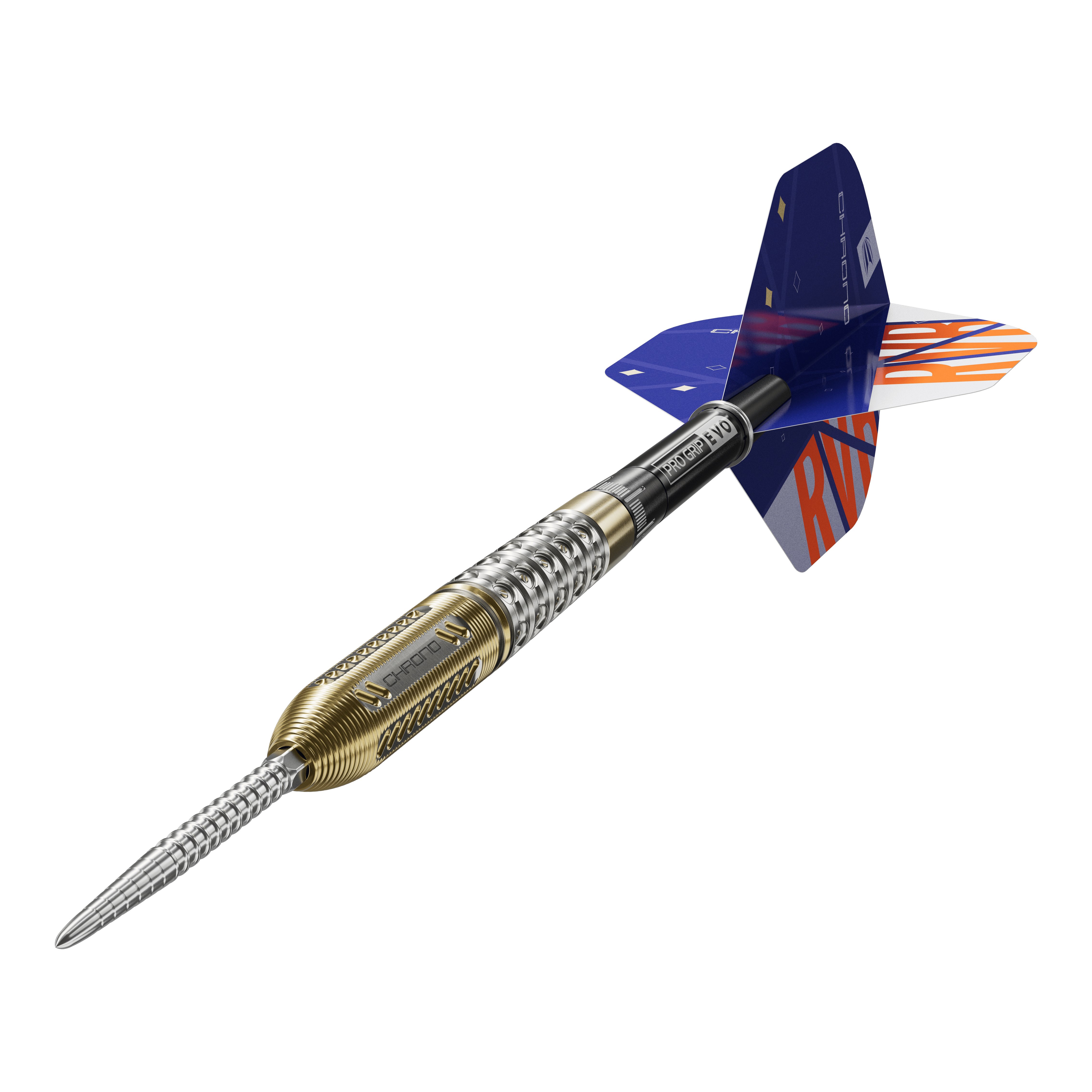 Auf dem Bild ist ein Steeldart der Marke Target zu sehen, Modell "Raymond Van Barneveld Chrono 95 Swiss Point". Der Dartpfeil hat ein metallisch silber-goldenes Barrel und bunte Flights mit der Aufschrift "RVB".
