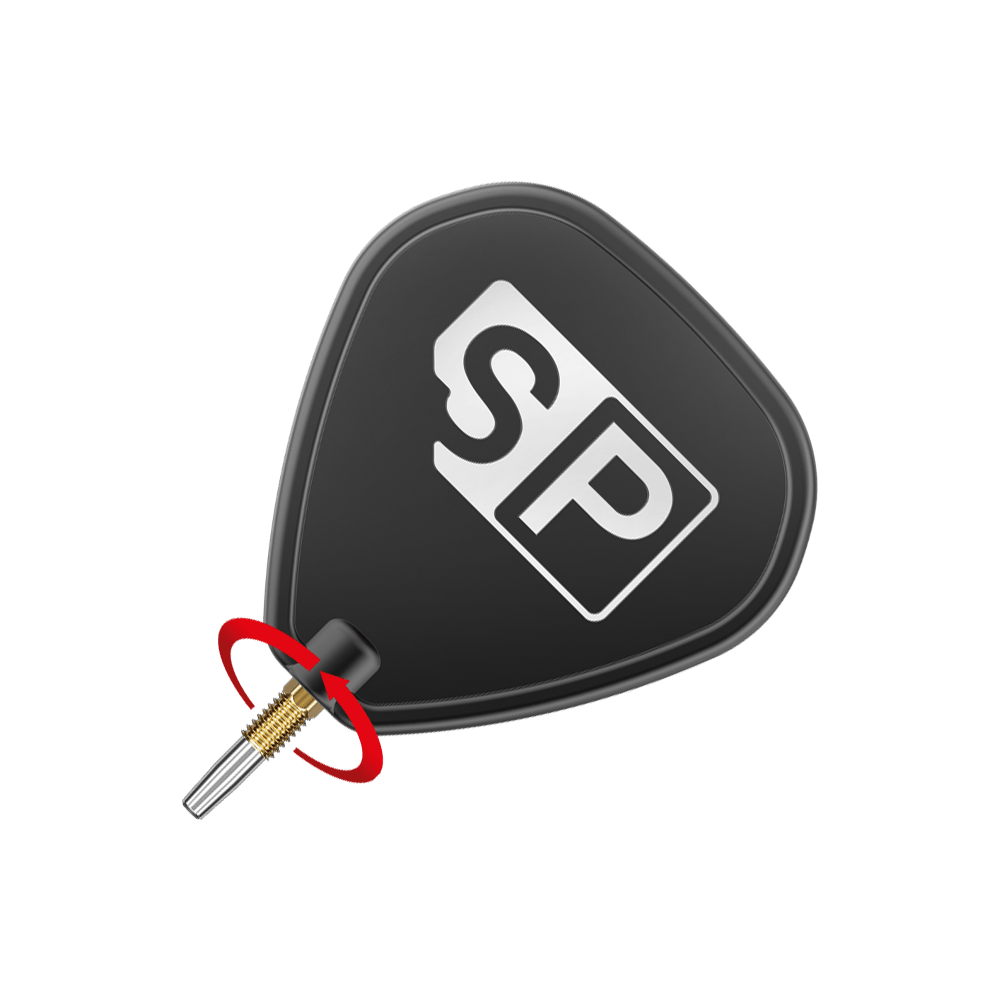 Target Swiss Point RVE Dartspitzen - Gold Das Bild zeigt eine Dartspitze mit einem schwarzen Flight, auf dem "SP" steht. Ein roter Pfeil deutet auf eine Drehbewegung an der goldenen Spitze hin.