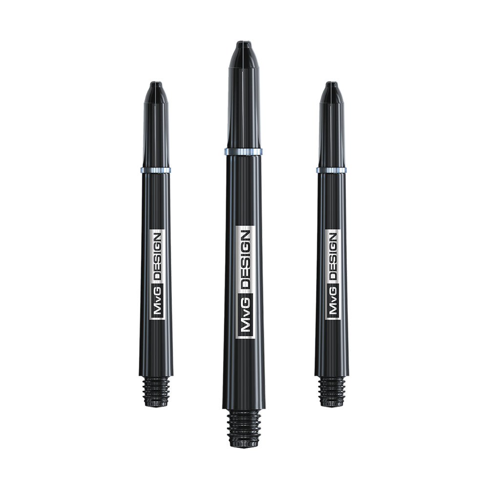 7100_Winmau_MvG_Signature_Black_Nylon_Shafts_46mm_1a8H0jBnbsD0Fu Das Bild zeigt drei schwarze Winmau Nylon Ring Grip MvG Design Shafts für Dartpfeile. Auf jedem Shaft steht der Schriftzug "MvG DESIGN".