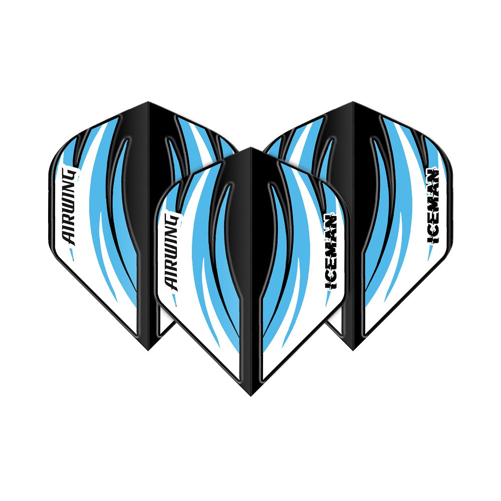Das Bild zeigt drei Dart-Flights mit einem schwarzen, blauen und weißen Design. Auf den Flights stehen die Wörter „AIRWING“ und „ICEMAN“.