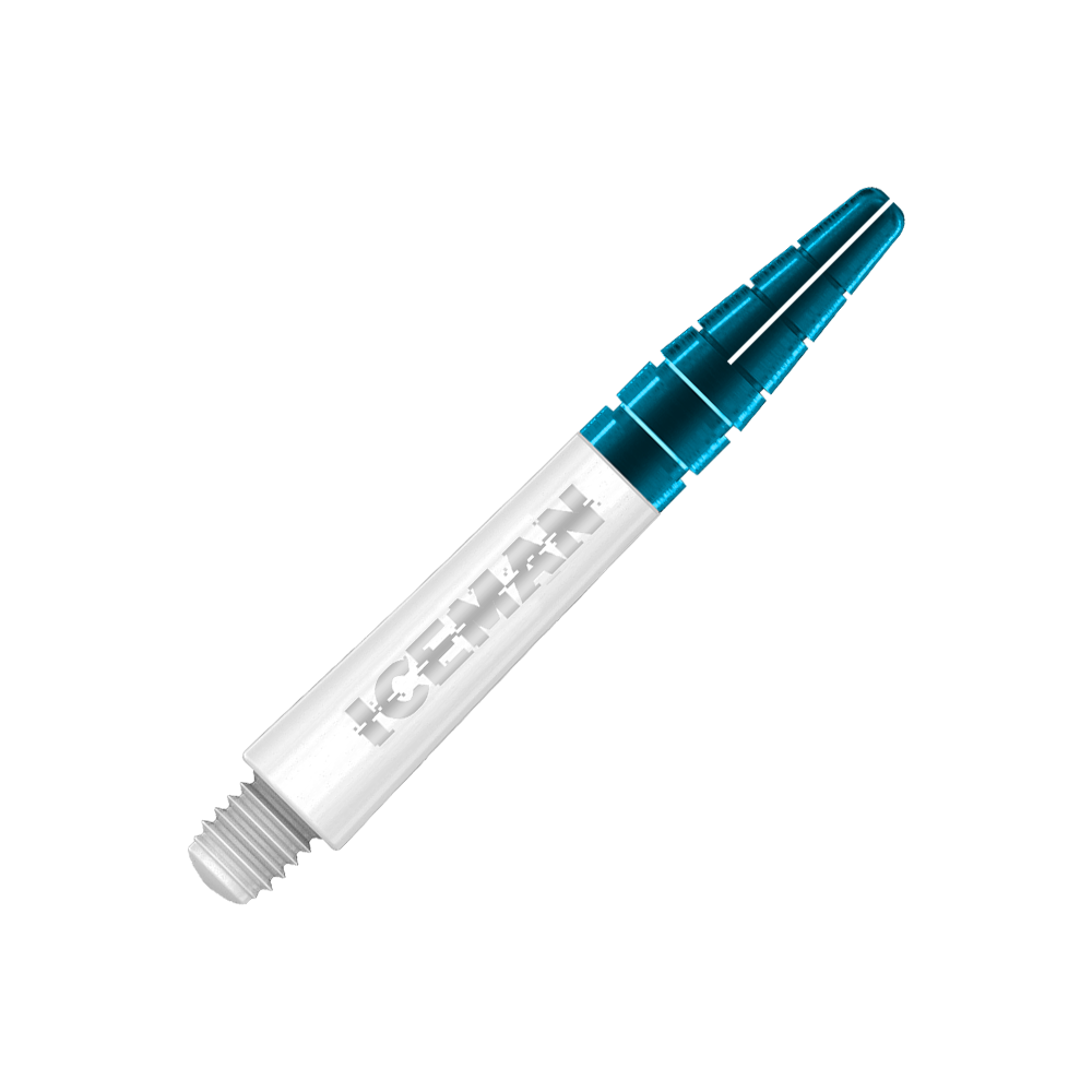 Das Bild zeigt einen weißen Dartshaft mit der Aufschrift "ICEMAN" darauf. Am oberen Ende ist der Shaft transparent blau gefärbt.