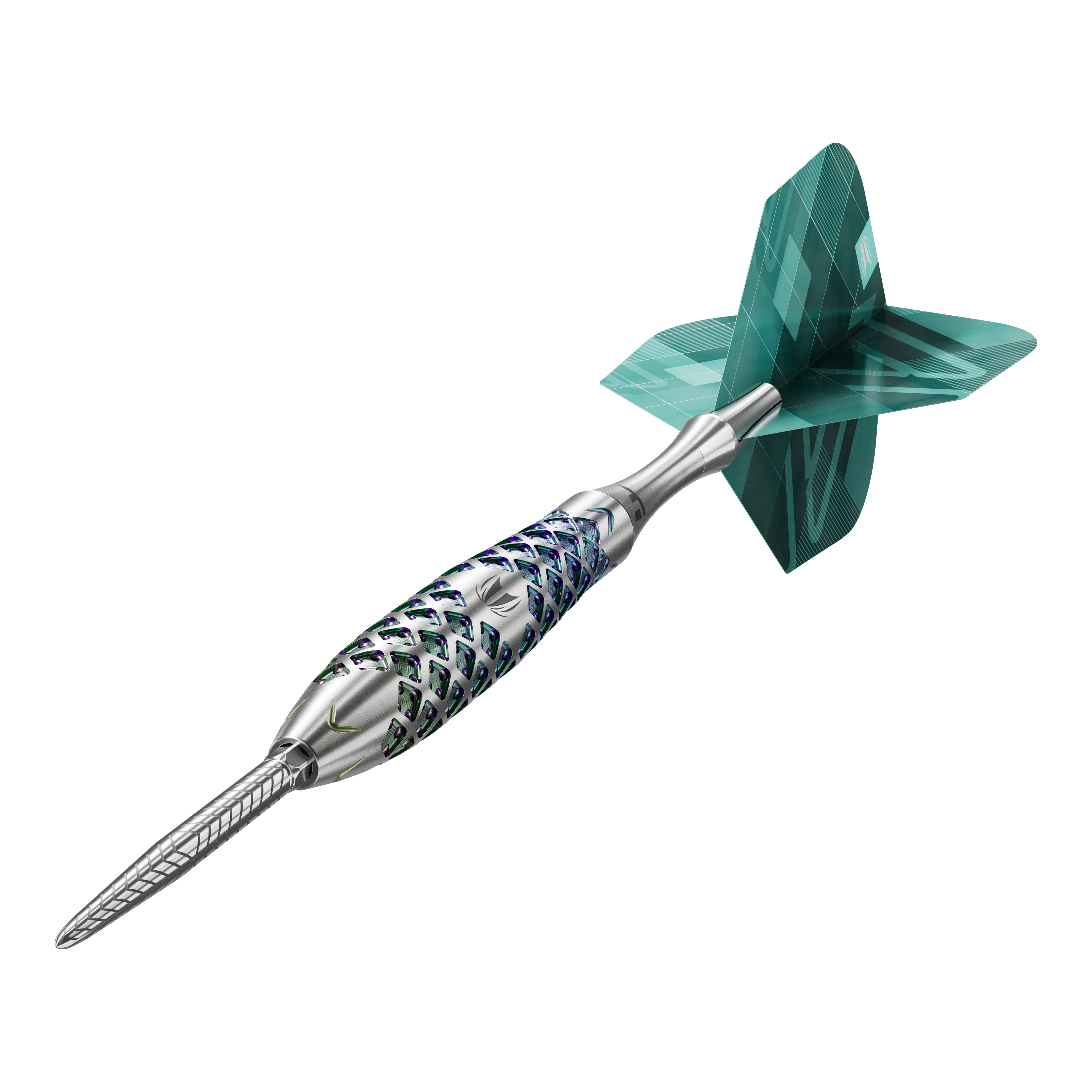 Target Rove 02 Swiss Point Steeldarts Das Bild zeigt einen Target Rove 02 Swiss Point Steeldart. Der Dartpfeil hat ein silbernes, strukturiertes Barrel und grüne Flights.