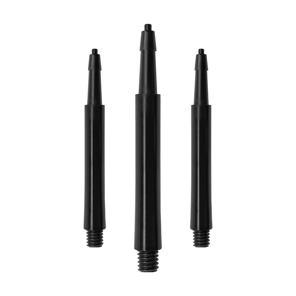 HRC12626_Harrows_Clic_Standard_Shafts_Schwarz_30mm_1 Das Bild zeigt drei schwarze Harrows Clic Standard Shafts. Diese Schäfte sind für den Einsatz bei Darts bestimmt.