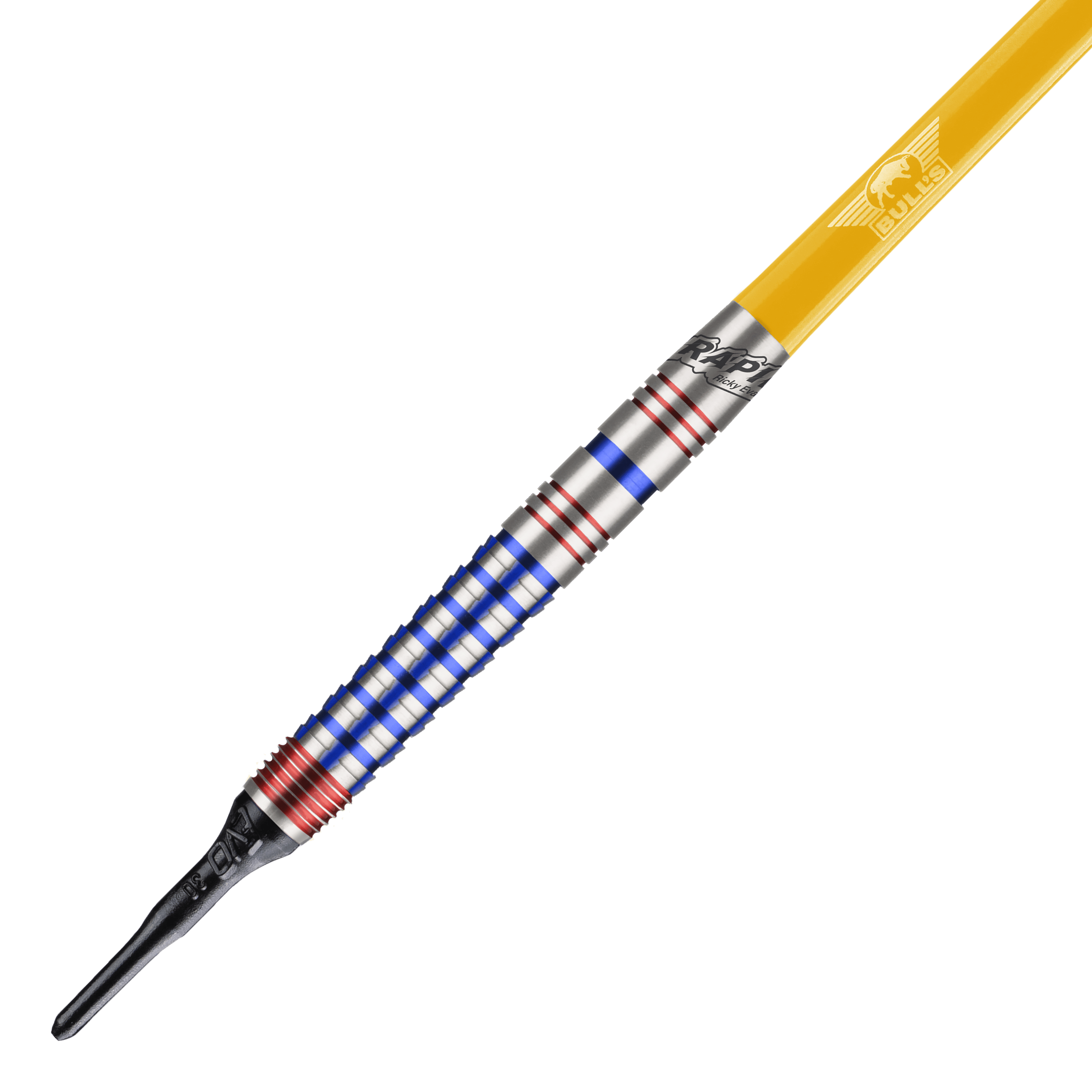 Bulls NL Ricky Evans Rapid Edition One Softdarts - 20g Dies ist ein Softdart aus der Serie "Bulls NL Ricky Evans Rapid Edition One" mit einem Gewicht von 20g. Der Dart hat einen silbernen Schaft mit blauen und roten Ringen sowie einen gelben Flight.