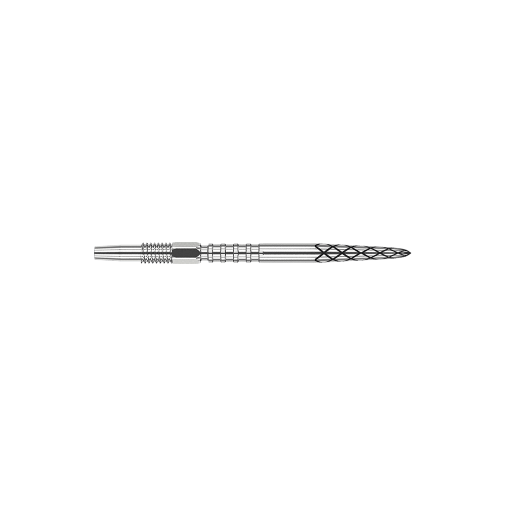 Target Swiss DS Surge Point Dartspitzen - Silver Das Bild zeigt eine silberne Dartspitze mit mehreren feinen Rillen und Mustern. Die Spitze ist lang und schlank mit unterschiedlichen Strukturen zur besseren Griffigkeit.