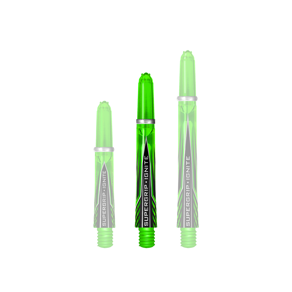 Das Bild zeigt drei grüne Harrows Supergrip Ignite Shafts in unterschiedlichen Längen. Die Shafts sind glänzend und haben ein modernes Design mit schwarzem Schriftzug.