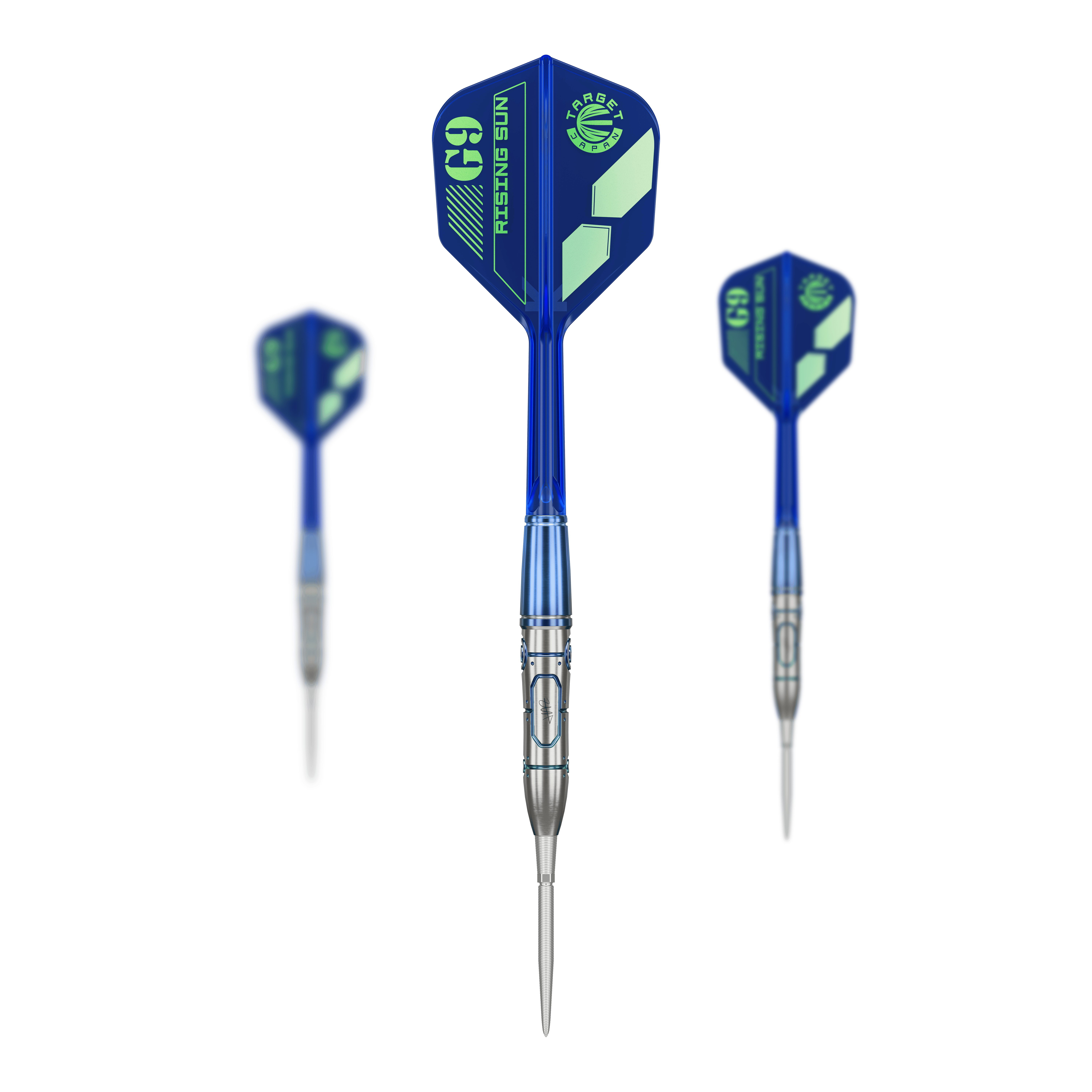 Das Bild zeigt drei Steeldarts des Modells "Target Japan Haruki Muramatsu GEN9 No Groove Swiss Point" mit einem Gewicht von 23g. Die Darts haben blaue Flights und silberne Spitzen.