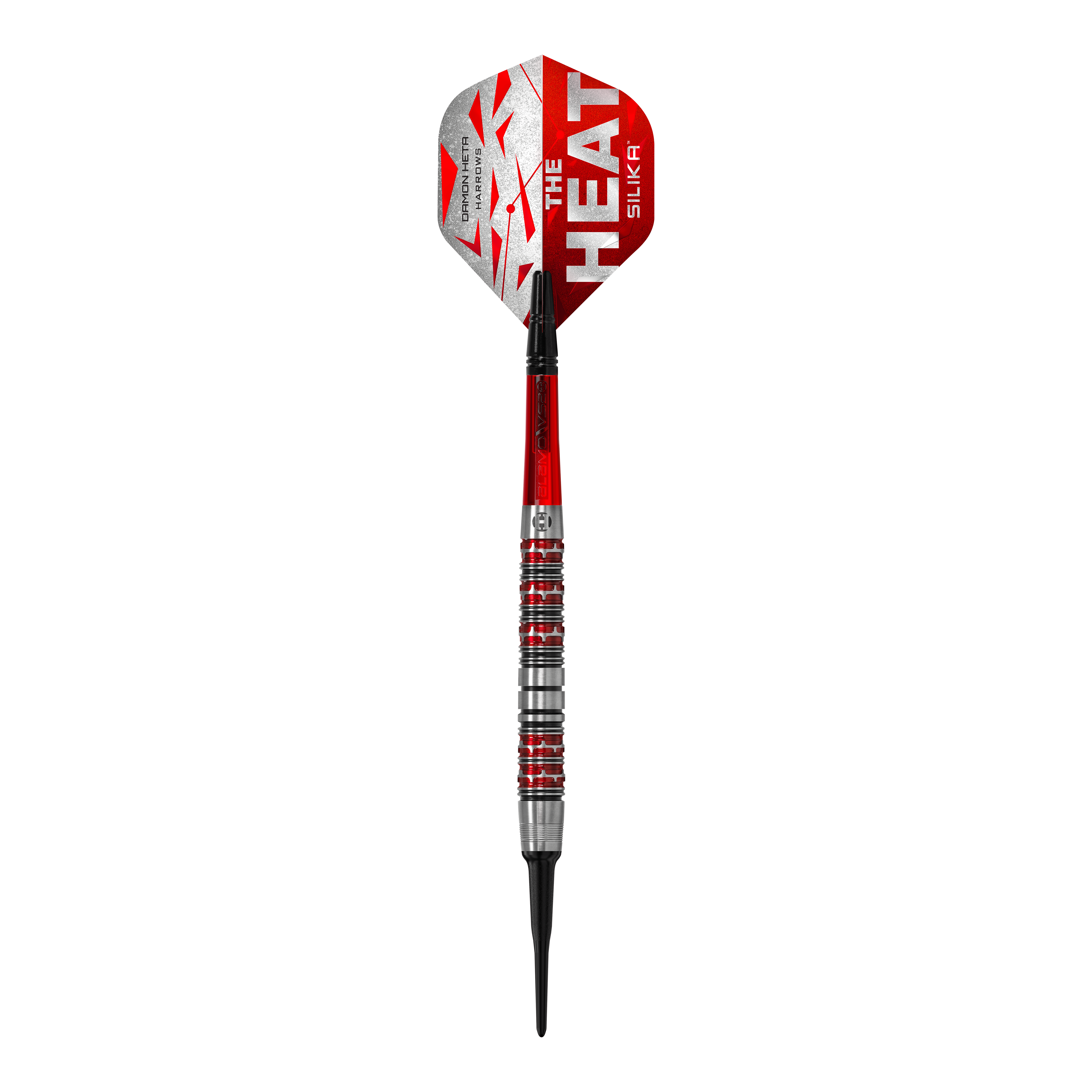 Harrows Damon Heta Series 3 Softdarts Das Bild zeigt einen Harrows Damon Heta Series 3 Softdart. Der Dart ist silber, rot und schwarz gestaltet und trägt den Aufdruck "The Heat" auf dem Flight.