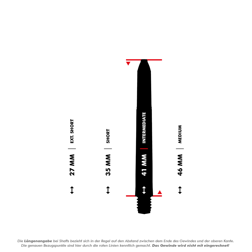 Das Bild zeigt die verschiedenen Längen der Winmau Pro-Force Shafts in Weiß. Die Längen sind 27 mm (Extra Short), 35 mm (Short), 41 mm (Intermediate) und 46 mm (Medium).