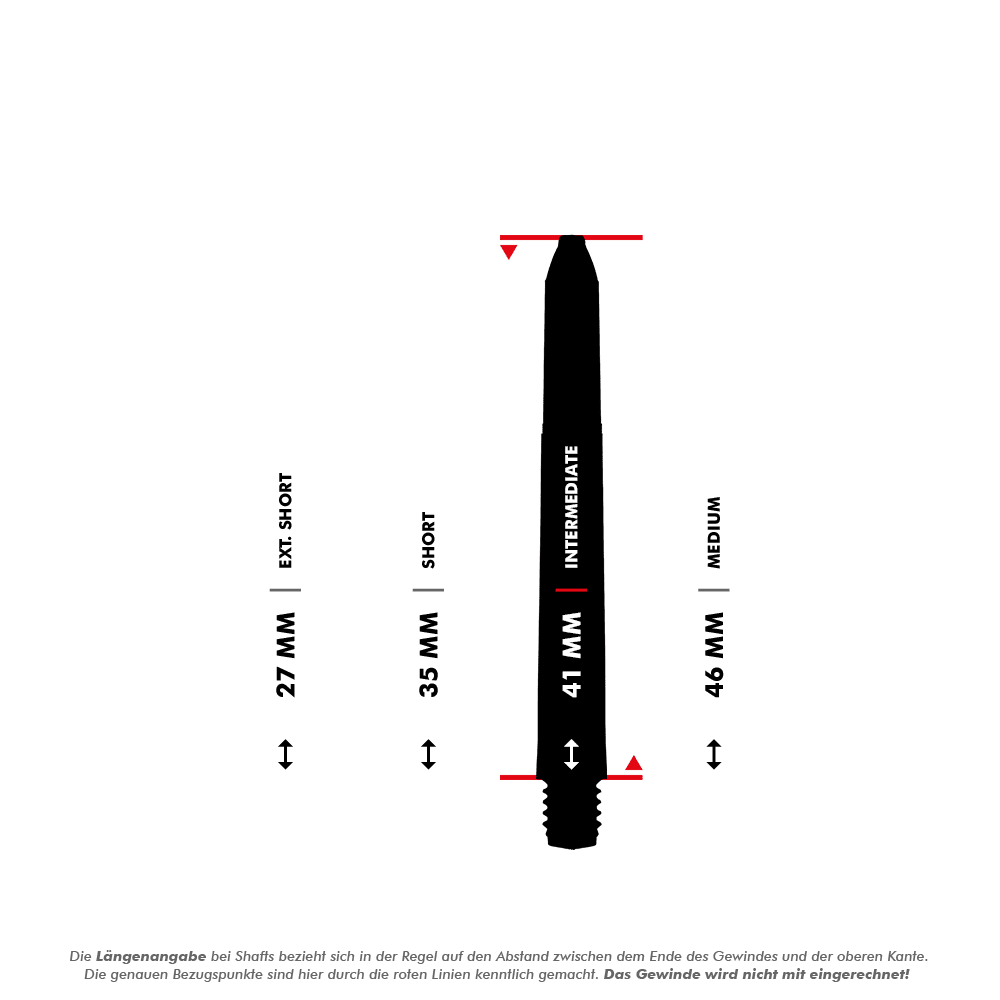 7011_001_Winmau_Pro-Force_Shafts_4Var_5_41mmQwj7zlhkUmHuH Das Bild zeigt die verschiedenen Längen der Winmau Pro-Force Shafts in Weiß. Die Längen sind 27 mm (Extra Short), 35 mm (Short), 41 mm (Intermediate) und 46 mm (Medium).