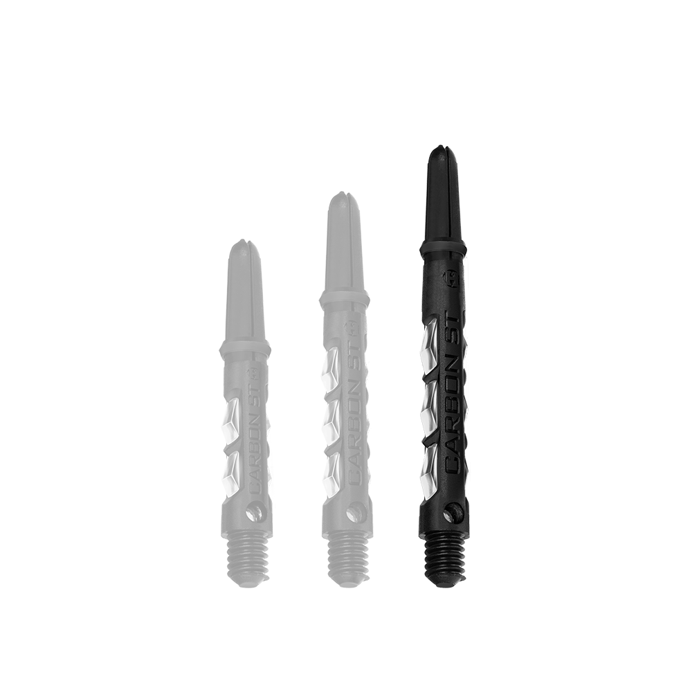 Das Bild zeigt drei Harrows Carbon ST Shafts in klarer Ausführung. Sie sind in verschiedenen Längen abgebildet und bestehen aus schwarzem Material mit durchsichtigem Mittelteil.