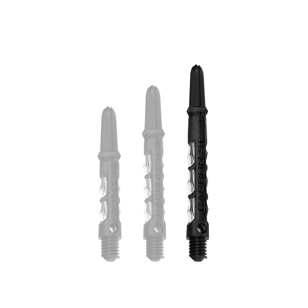 HR418_Harrows_Carbon_ST_Shafts_Clear_47mm_1 Das Bild zeigt drei Harrows Carbon ST Shafts in klarer Ausführung. Sie sind in verschiedenen Längen abgebildet und bestehen aus schwarzem Material mit durchsichtigem Mittelteil.