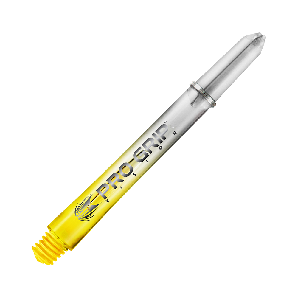Das Bild zeigt einen durchsichtigen Dart-Schaft mit gelbem unteren Teil. Auf dem Schaft steht "PRO GRIP VISION" in schwarzer Schrift.