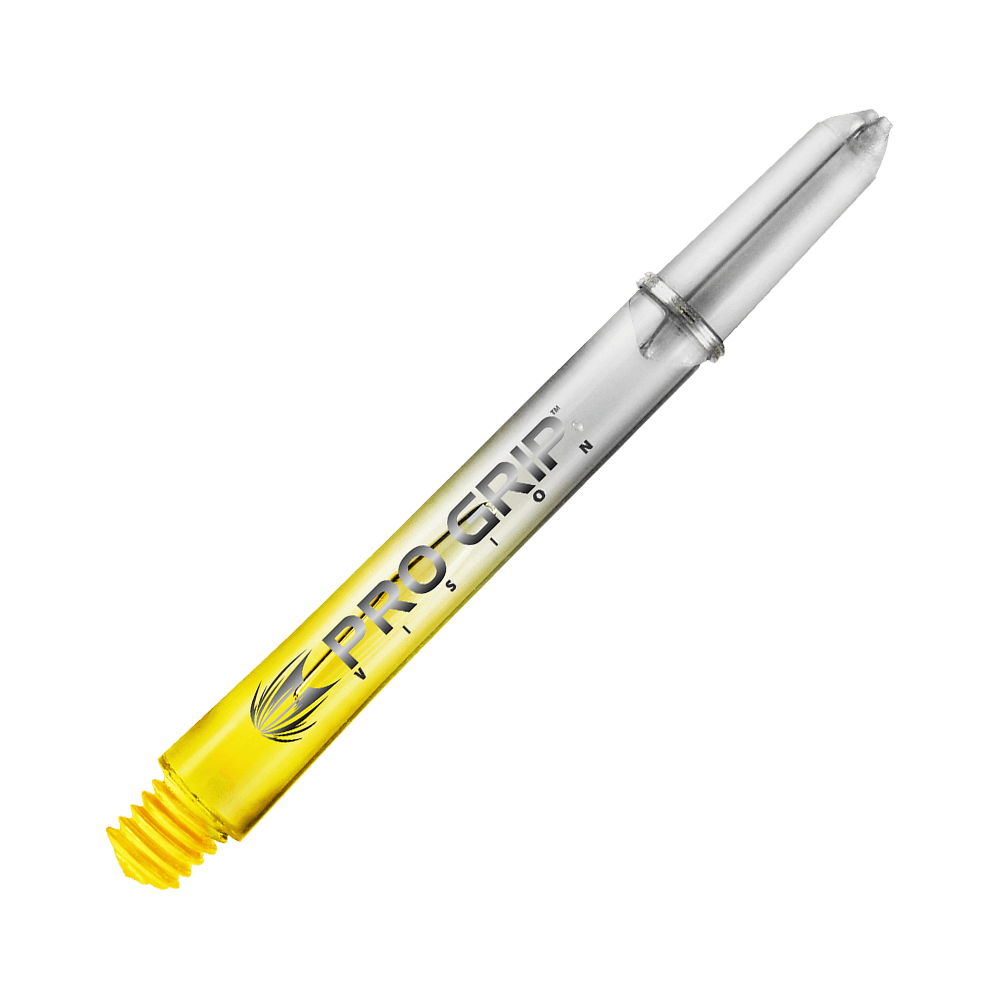 Target Pro Grip Vision Shafts - 3 Sets - Gelb Das Bild zeigt einen durchsichtigen Dart-Schaft mit gelbem unteren Teil. Auf dem Schaft steht "PRO GRIP VISION" in schwarzer Schrift.