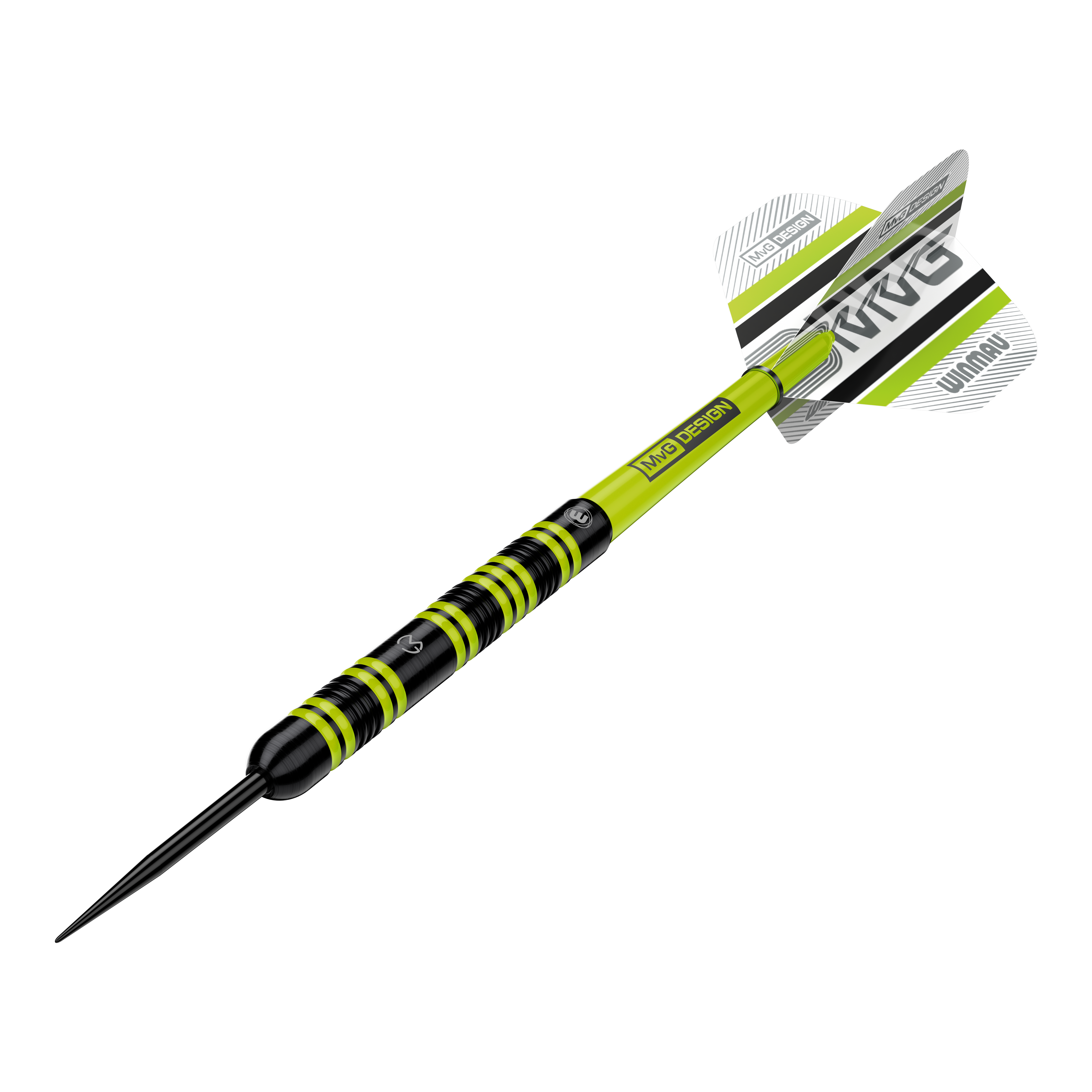 Das Bild zeigt einen Winmau Michael Van Gerwen 85 Pro-Series Steeldart. Der Dart hat ein auffälliges Design mit schwarzen und leuchtend grünen Akzenten sowie einem MVG-Logo auf den Flights.