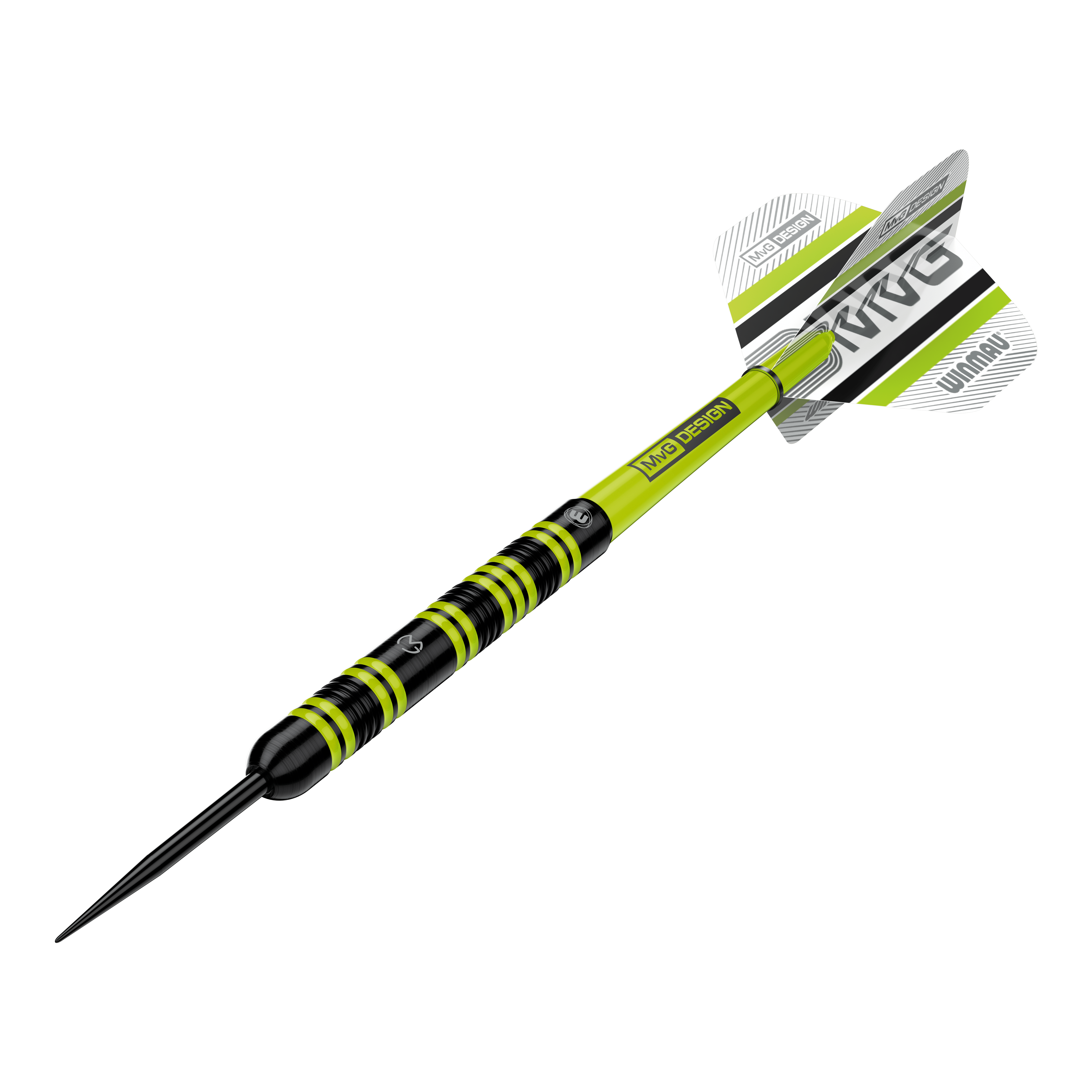 Winmau Michael Van Gerwen 85 Pro-Series Steeldarts Das Bild zeigt einen Winmau Michael Van Gerwen 85 Pro-Series Steeldart. Der Dart hat ein auffälliges Design mit schwarzen und leuchtend grünen Akzenten sowie einem MVG-Logo auf den Flights.