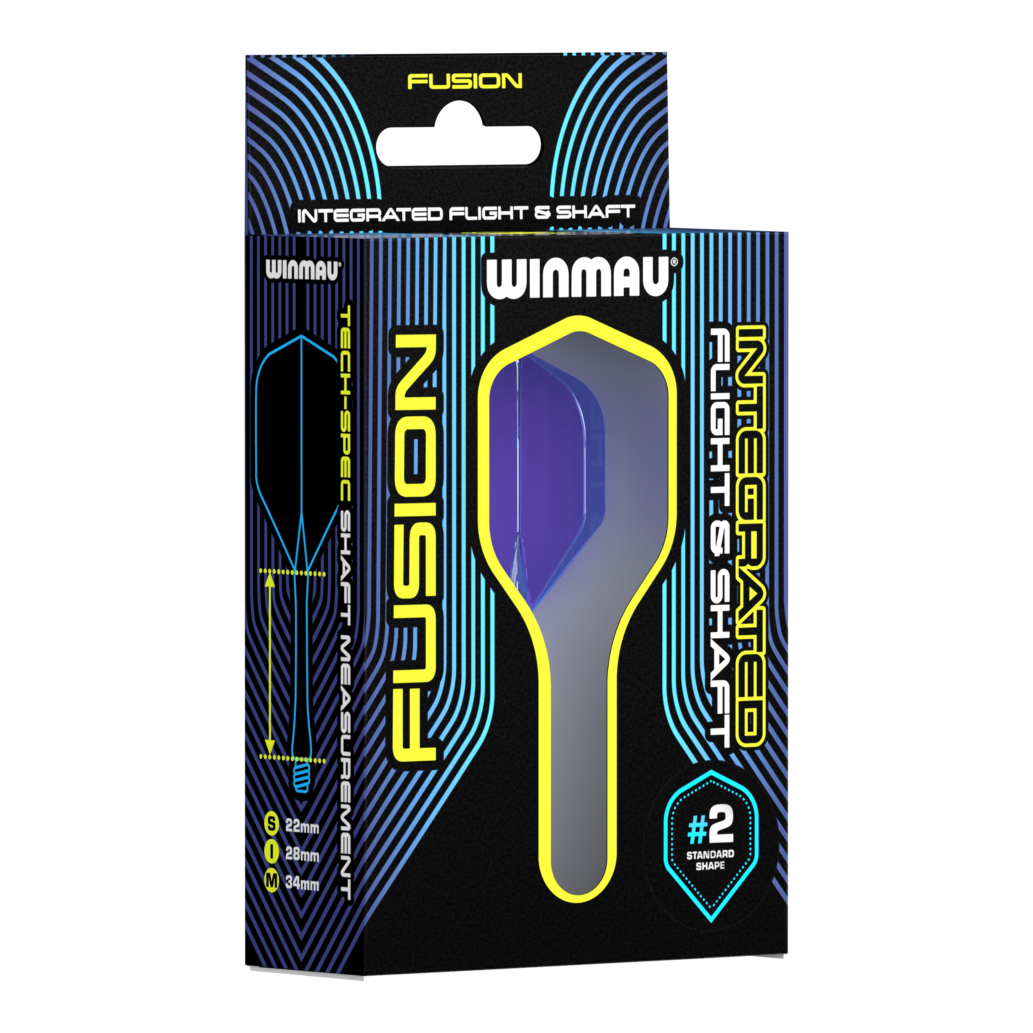 Winmau Fusion Flight Shaft System Standard Blau Auf dem Bild ist eine Verpackung des Winmau Fusion Integrated Flight & Shaft Systems zu sehen. Die abgebildete Variante ist blau und hat eine Länge von 22 mm (#2 Standardform).