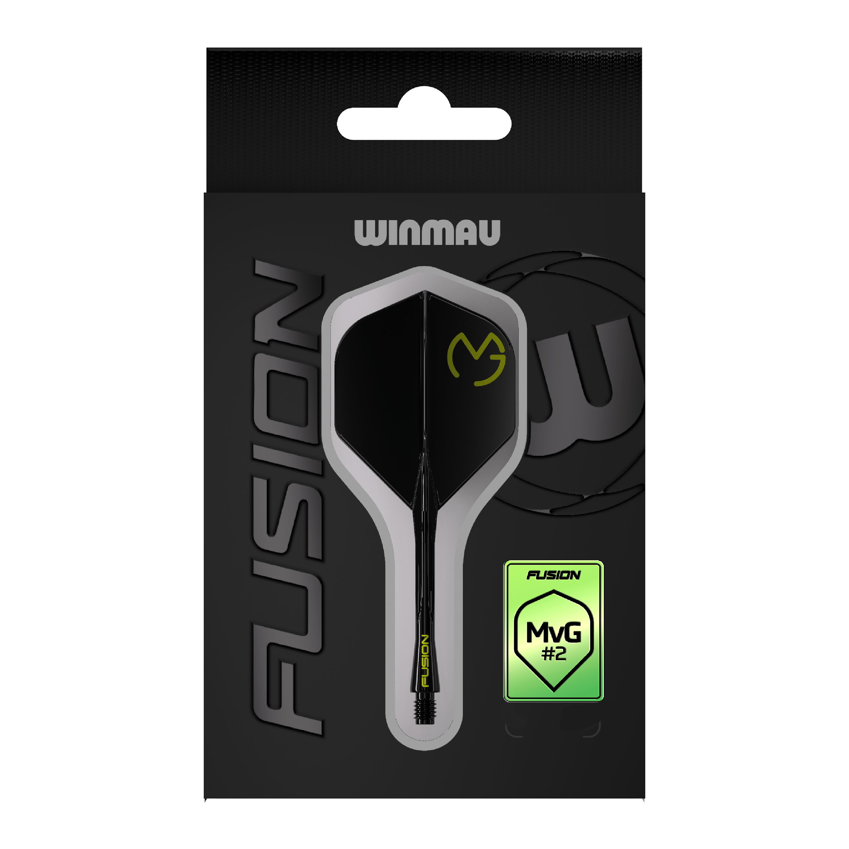 Das Bild zeigt die Verpackung des Winmau Fusion Flight-Shaft-Systems Michael Van Gerwen Pacman Nr. 2 Standard. Das Produkt ist schwarz mit gelben Akzenten gestaltet und trägt das MVG-Logo.