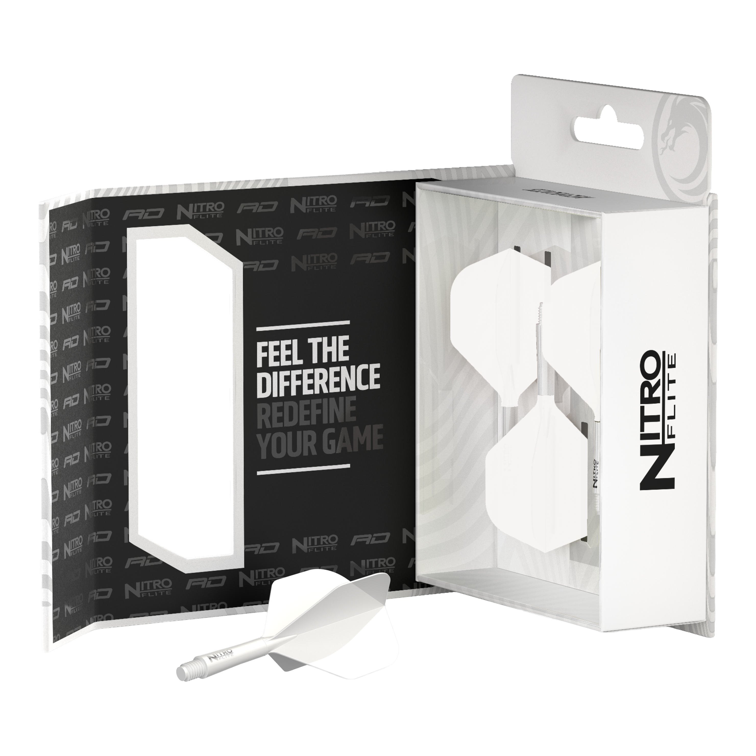 Das Bild zeigt die Red Dragon Nitroflite White Shaft White Flights No2. Es handelt sich um Dart-Flights und Shafts in Weiß.