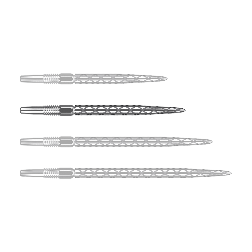 Target Swiss Diamond Pro Silver Points Dartspitzen Auf dem Bild sind vier silberne Dartspitzen in einer Reihe zu sehen. Sie haben ein markantes Rautenmuster auf der Oberfläche.