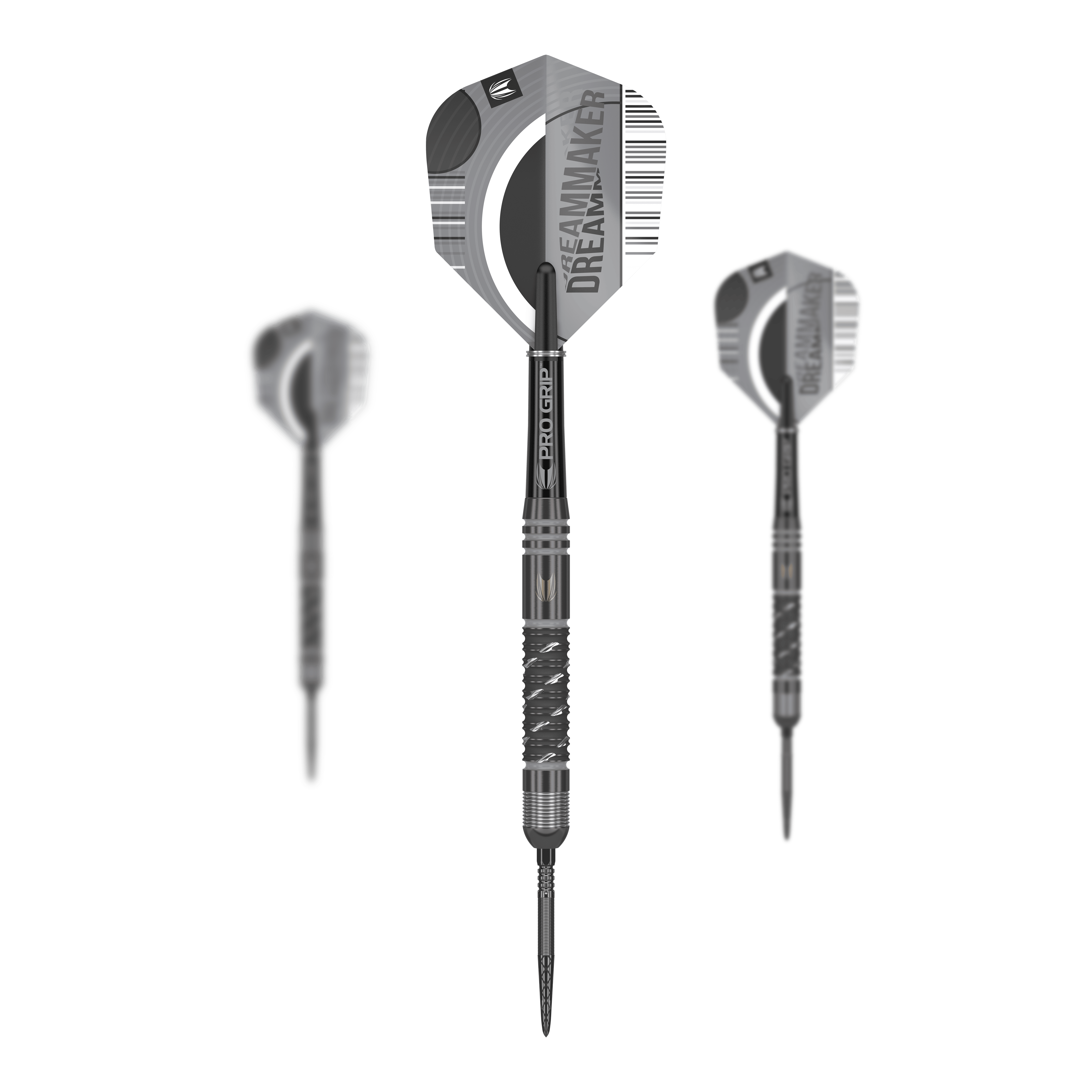 Das Bild zeigt drei Steeldarts aus der Produktreihe „Target Dimitri Van Den Bergh X Echo Swiss Point“. Die Darts haben schwarze Griffe und Flights mit der Aufschrift „DREAMMAKER“.