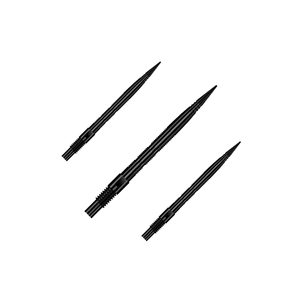 Harrows Quick Point Micro Ridge Dartspitzen - Schwarz Das Bild zeigt ein Set aus schwarzen Dartspitzen mit Rillen. Dieses Zubehör wird für Dartpfeile verwendet.