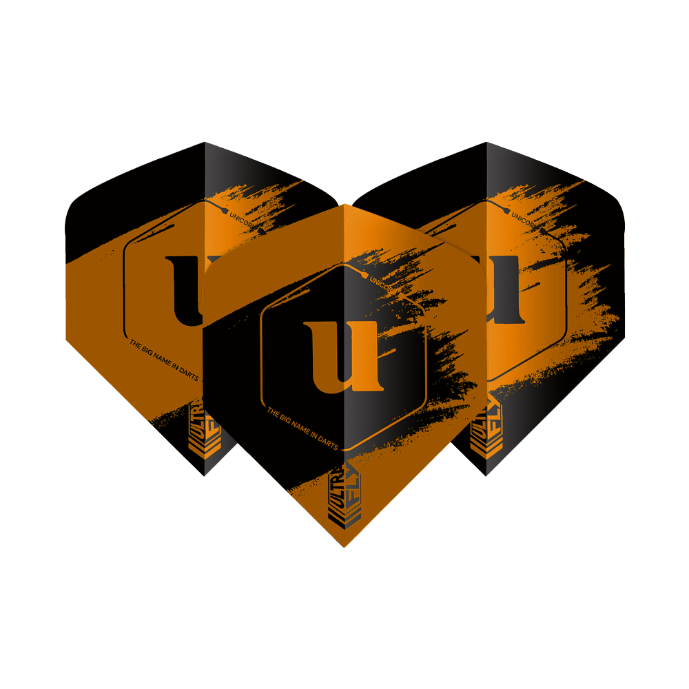 Auf dem Bild sind drei Dartflights der Marke "Unicorn Ultrafly 100 Team Unicorn Big Wing" in Orange und Schwarz zu sehen. Die Flights haben ein auffälliges Design mit einem großen "u" in der Mitte.