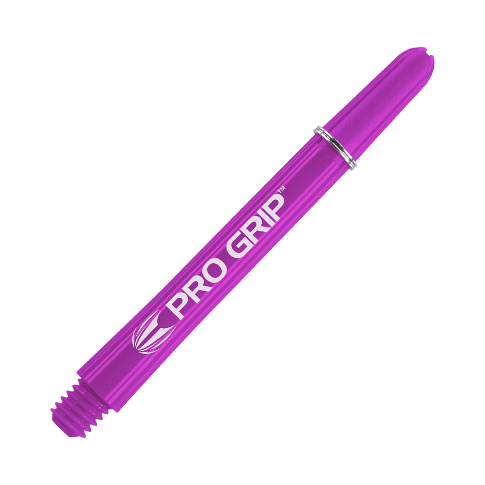 Target Pro Grip Shafts - 3 Sets - Lila Das Bild zeigt einen lilafarbenen Dart-Schaft mit der Aufschrift "Pro Grip". Der Schaft ist 48 mm lang und hat ein glänzendes, glattes Design.