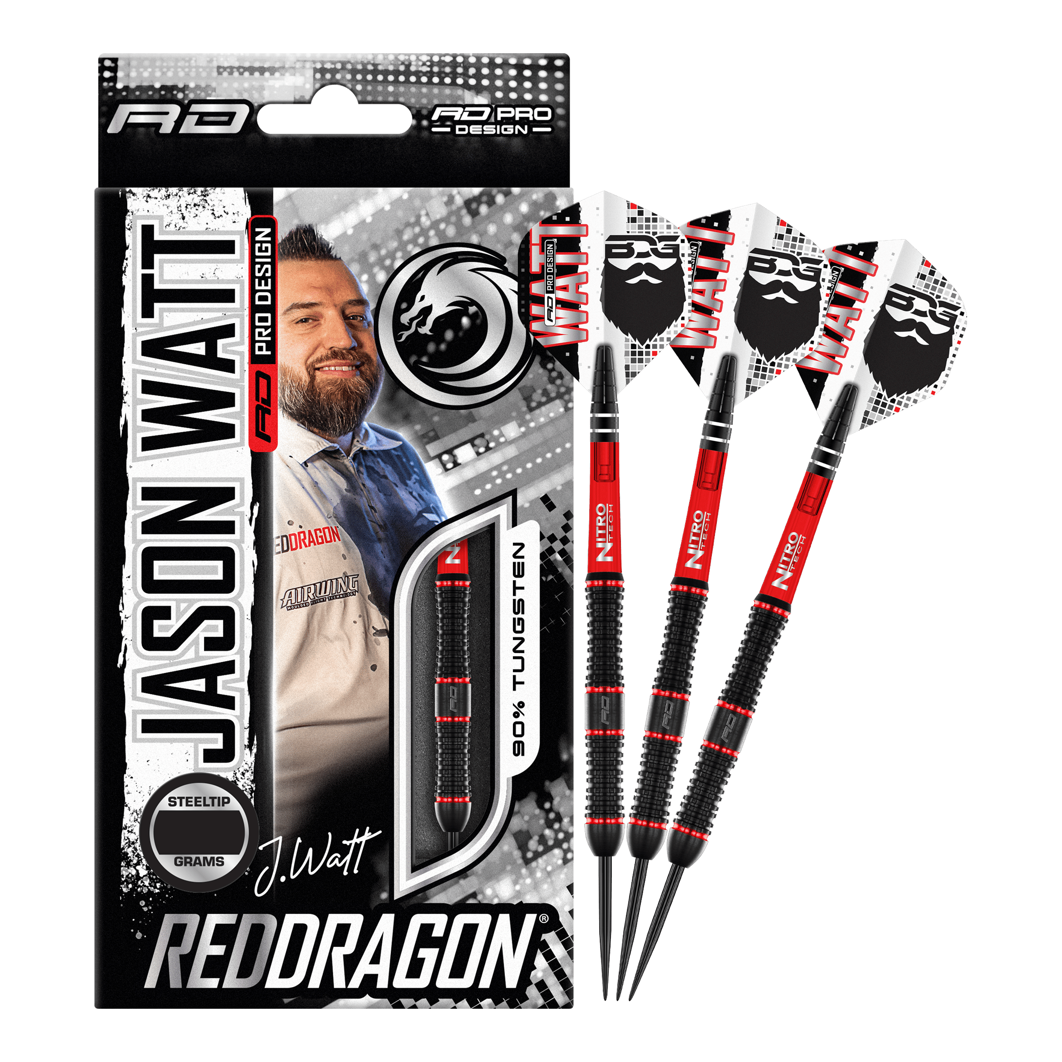 Red Dragon Jason Watt Steeldarts - 22g Das Bild zeigt das Produkt "Red Dragon Jason Watt Steeldarts - 22g" in seiner Verpackung. Rechts daneben sind drei Steeldarts mit schwarzem und rotem Design zu sehen.