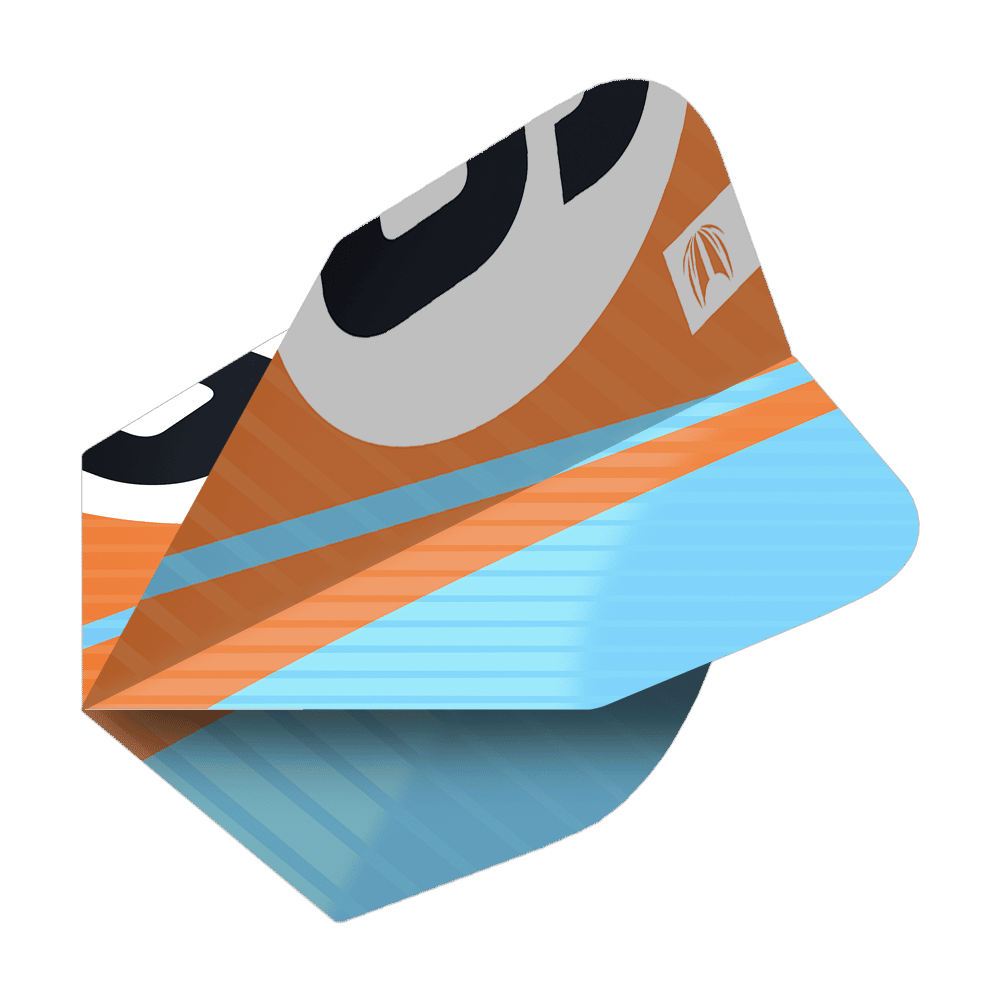 Das Bild zeigt ein Dart-Flight in Orange, Blau und Schwarz mit dem Produktnamen "Target Pro Ultra Chicane Orange No6". Das Flight hat ein modernes, grafisches Design und ist für präzises Dartspielen geeignet.