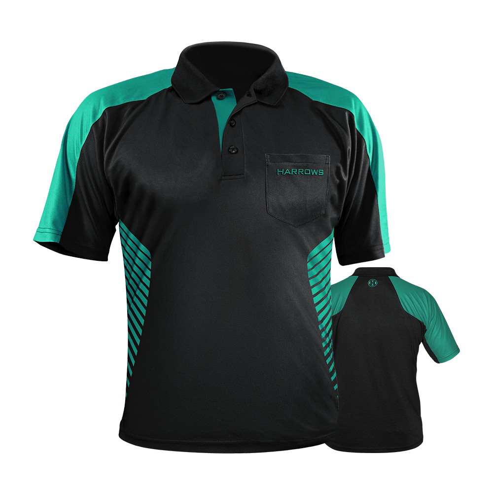HRS-17577_Harrows_Vivid_Dartshirt_Black_Jade_0 Das Bild zeigt ein Harrows Vivid Dartshirt in Schwarz mit jadegrünen Akzenten. Auf der Vorderseite befindet sich eine Brusttasche mit dem aufgestickten „HARROWS“-Logo.