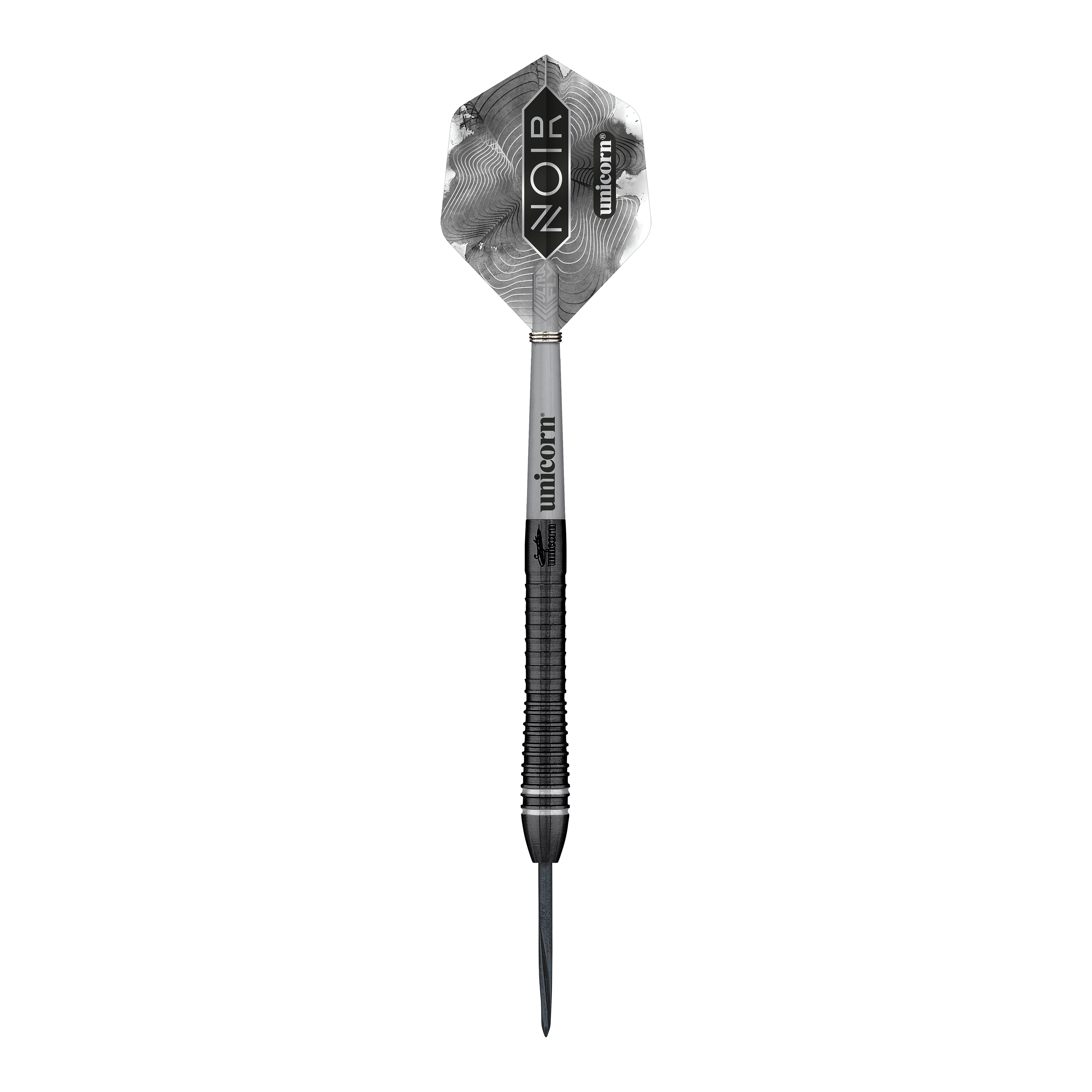 Unicorn World Champion Gary Anderson Noir Phase 6 Steeldarts Das Bild zeigt einen Steeldart der Marke Unicorn, Modell "World Champion Gary Anderson Noir Phase 6". Der Dart ist überwiegend schwarz und silber und trägt die Aufschrift "NOIR" auf dem Flight.