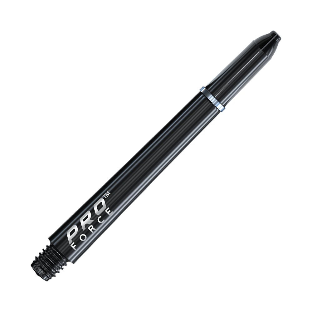 Das Bild zeigt einen Winmau Pro-Force Shaft in Schwarz. Der Dart-Schaft hat ein glänzendes, schwarzes Design mit dem Schriftzug "PRO FORCE" darauf.