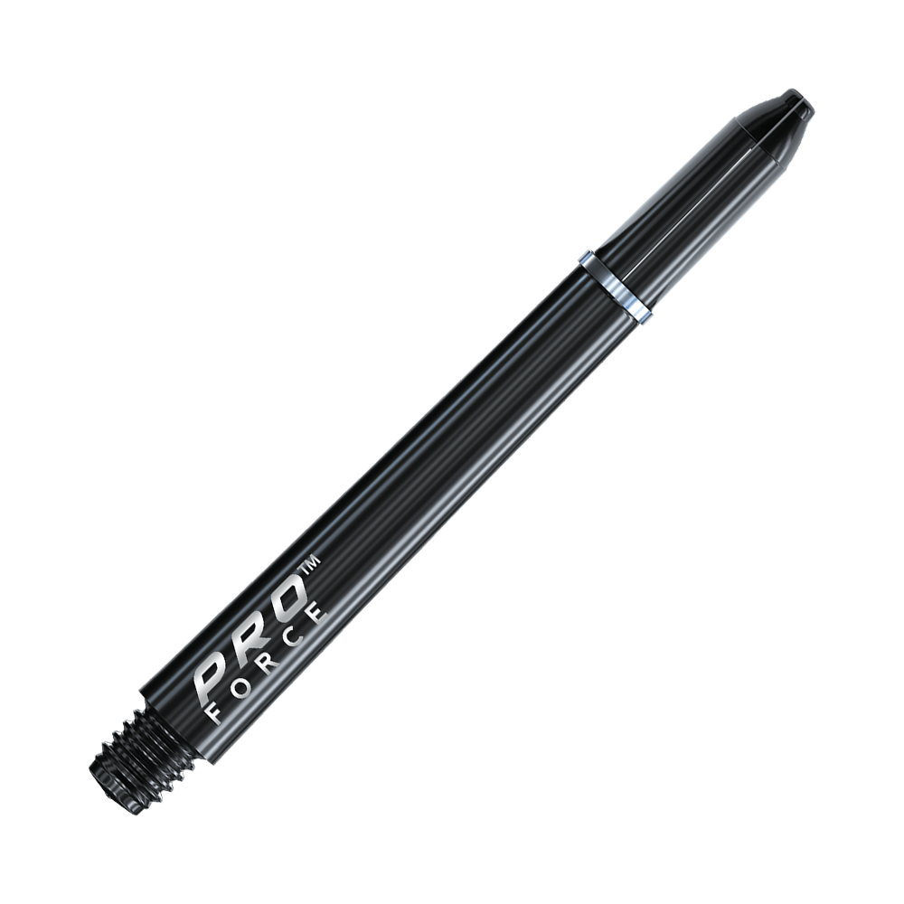 7011_201_Winmau_Pro-Force_Shafts_Schwarz_46mm_2 Das Bild zeigt einen Winmau Pro-Force Shaft in Schwarz. Der Dart-Schaft hat ein glänzendes, schwarzes Design mit dem Schriftzug "PRO FORCE" darauf.