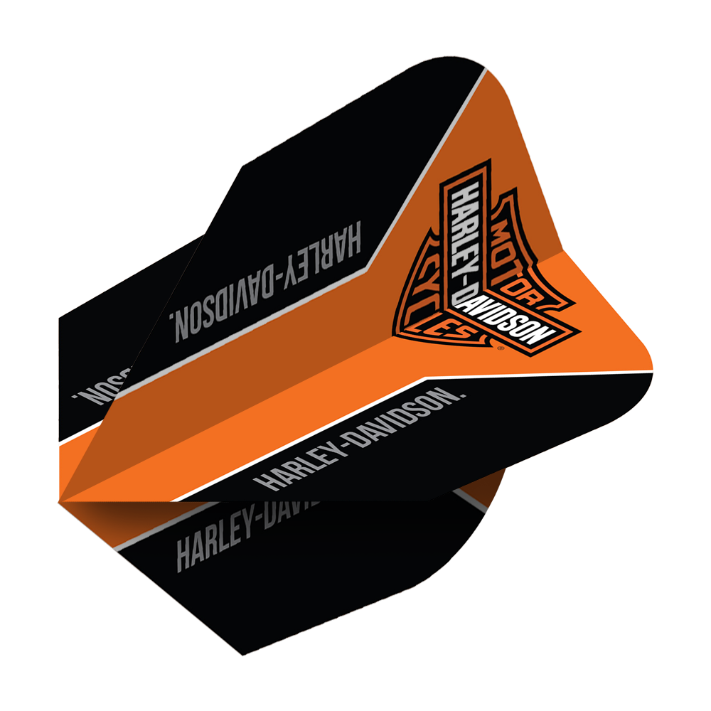 Das Bild zeigt einen Dartflight in Schwarz und Orange mit dem Harley-Davidson Logo. Auf dem Flight steht der Schriftzug "Harley-Davidson".