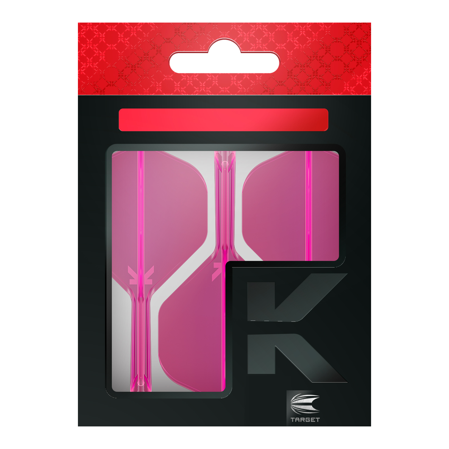 Target K-Flex No2 Standard Flight-System - Neon Pink Das Bild zeigt eine Packung mit pinkfarbenen Dart-Flights der Marke Target. Die Verpackung ist überwiegend schwarz mit einem roten oberen Abschnitt.