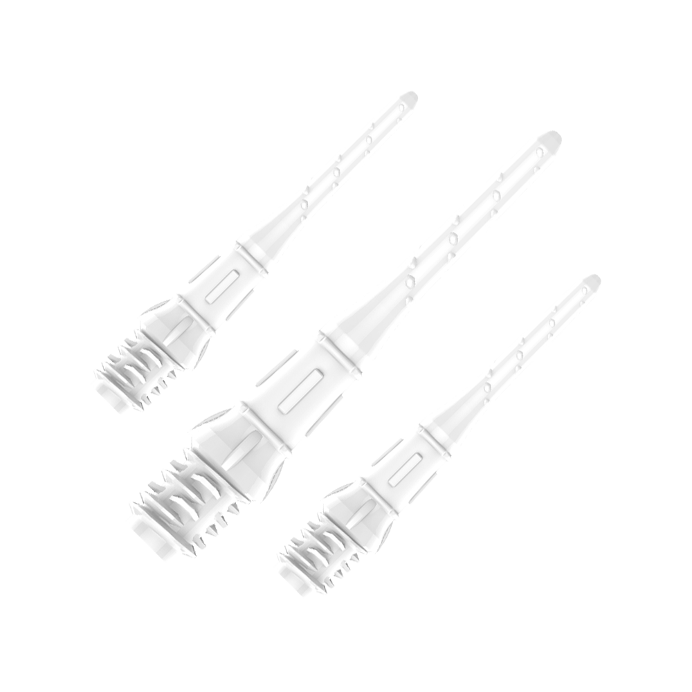 Premium Lippoints (30er Pack) - Spitzen Auf dem Bild sind drei weiße Dartspitzen zu sehen, die in einer Verpackung angeordnet sind. Die Spitzen wirken hochwertig und sind gleichmäßig ausgerichtet.