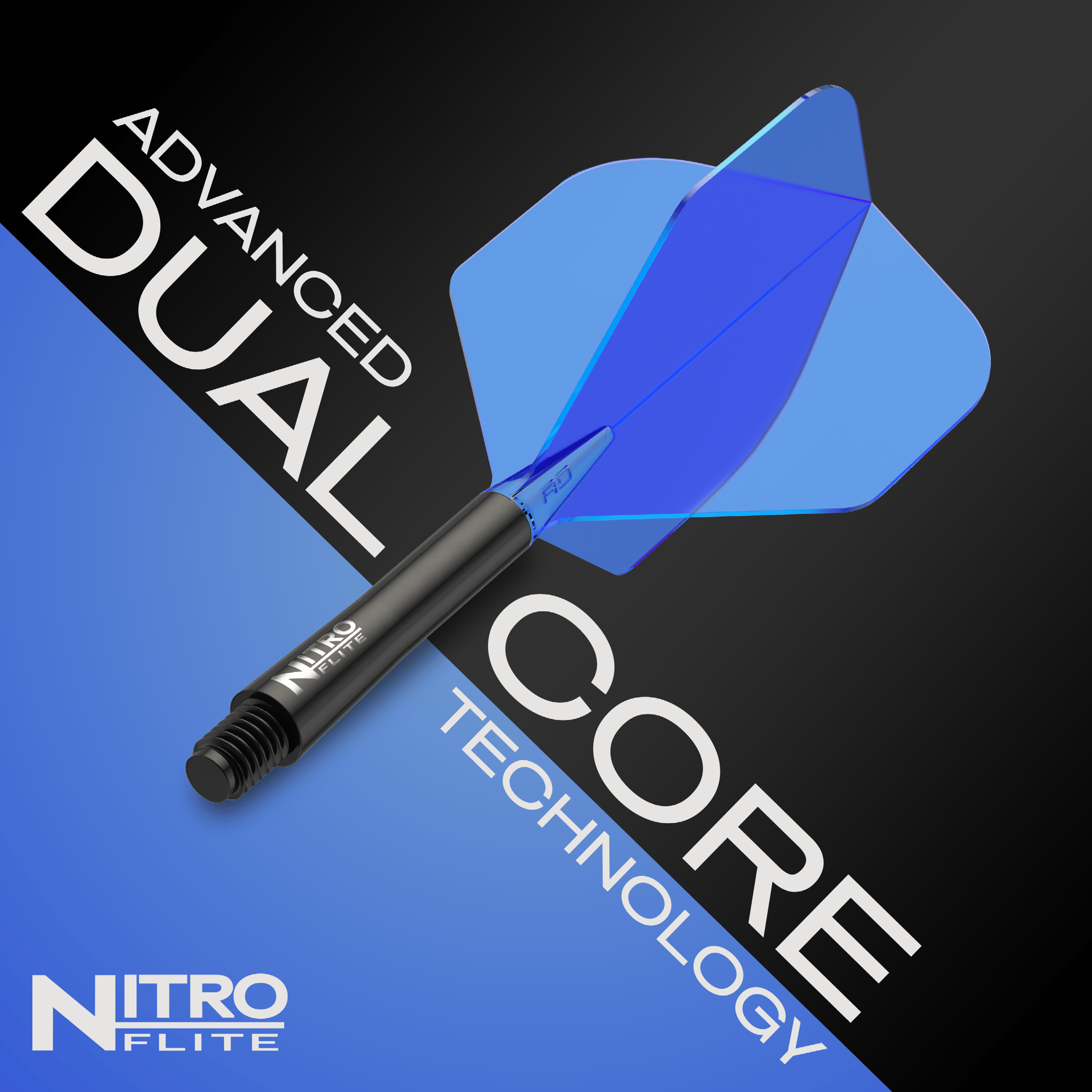 Das Bild zeigt ein Dart mit einem schwarzen Schaft und blauen Flights der Marke Nitroflite. Es hebt die fortschrittliche „Dual Core“-Technologie hervor.