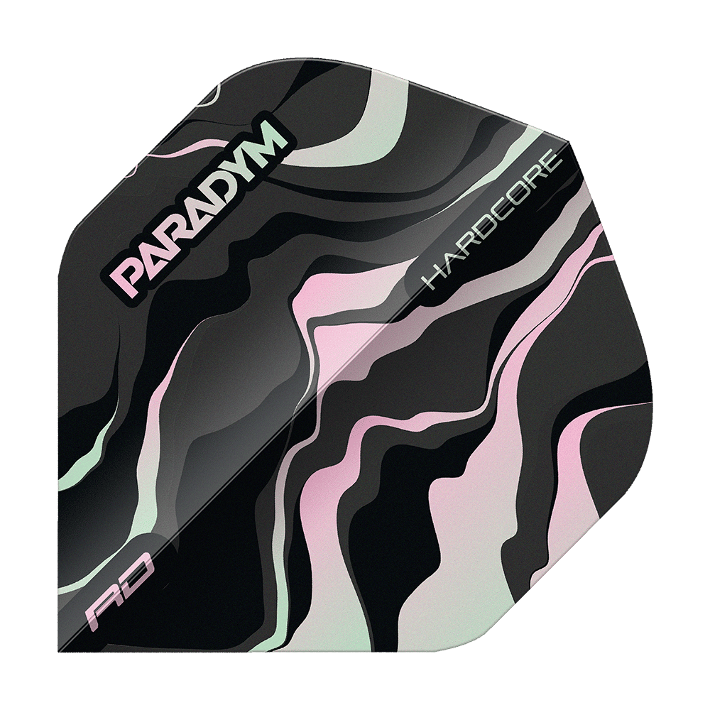 Das Bild zeigt einen Dart Flight des Modells "Red Dragon Hardcore Paradym No2 Standard Flights". Das Design ist in Schwarz, Rosa und Grau mit geschwungenen Mustern und den Schriftzügen "PARADYM", "HARDCORE" und "RD" gehalten.