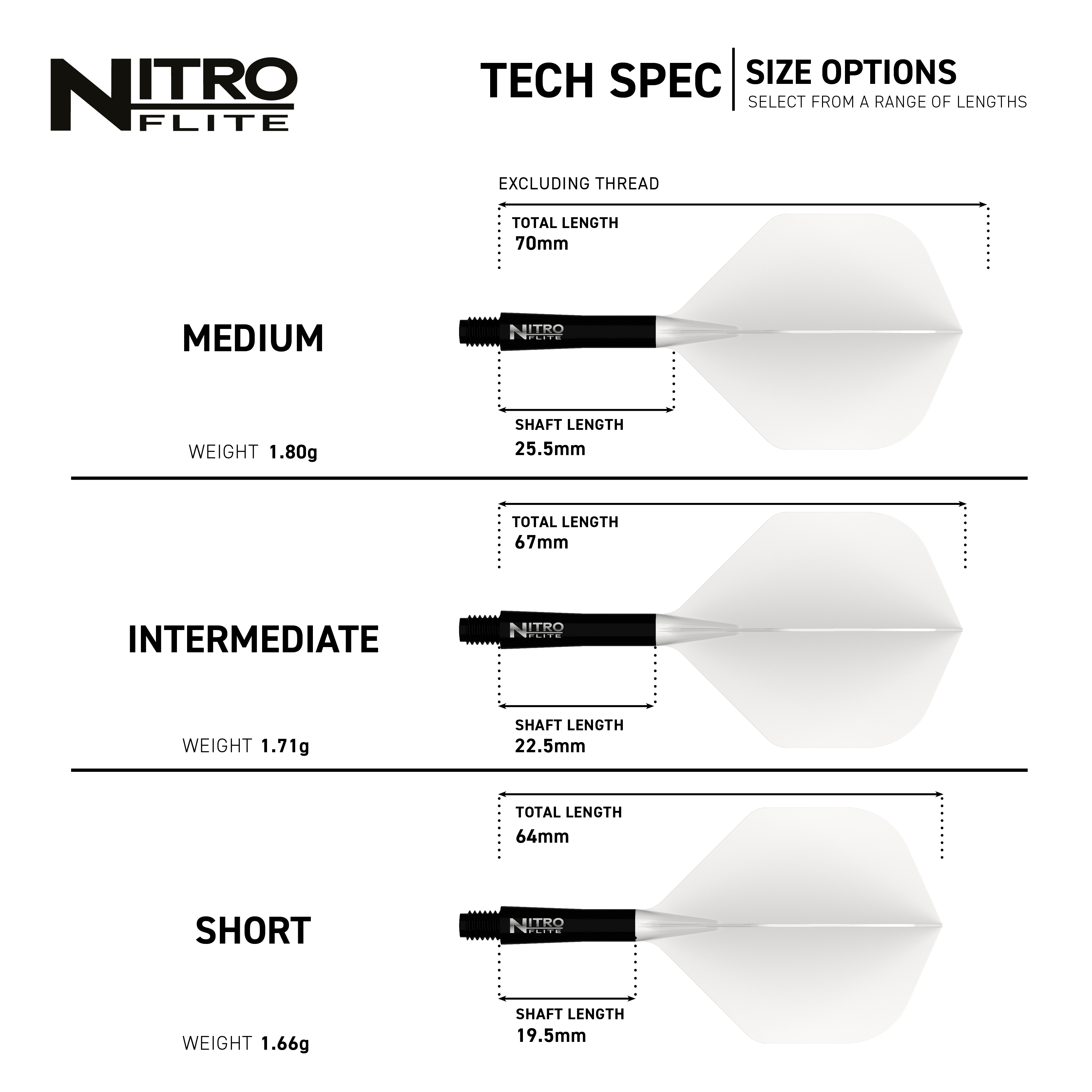 Hier sieht man das Produkt Red Dragon Nitroflite Black Shaft White Flights No2. Diese Dart-Zubehörteile haben einen schwarzen Schaft und weiße Flights.